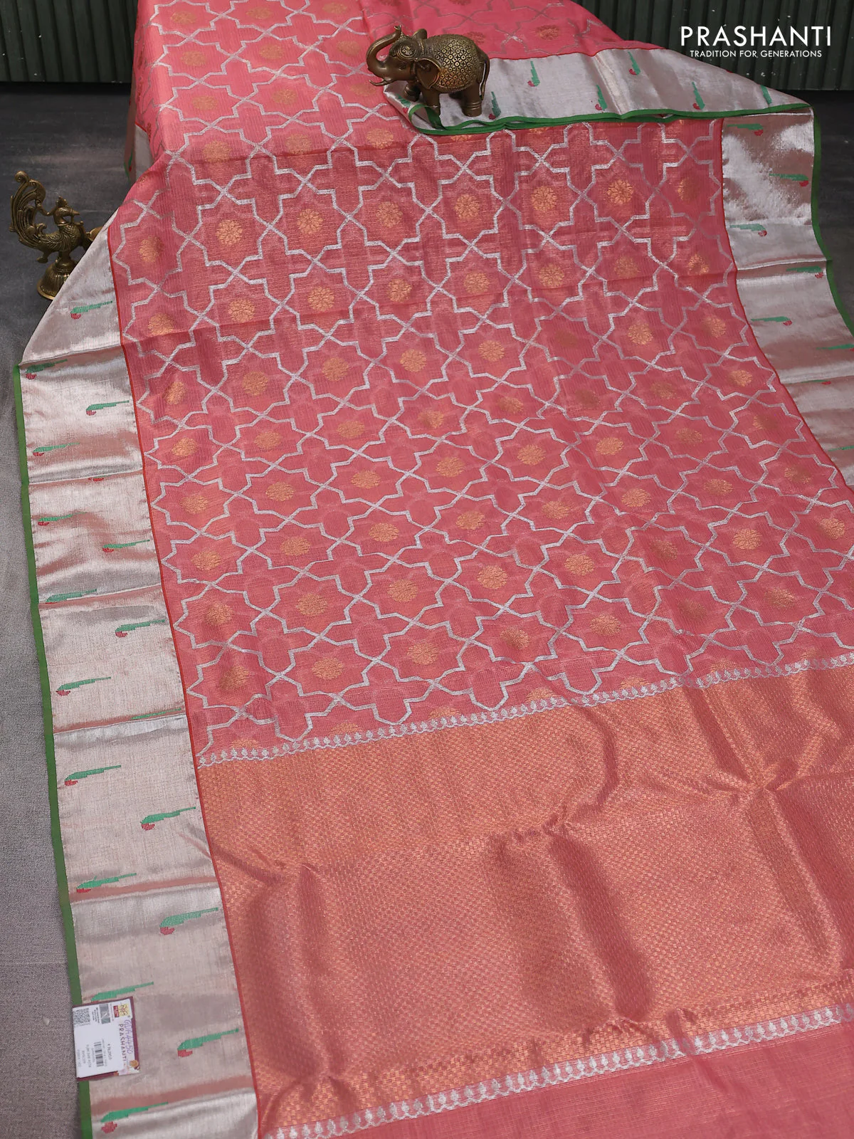 Pure zari kota silk saree peach shade and green with allover silver & gold geometric zari weaves and silver zari woven muniya butta border - Image 2