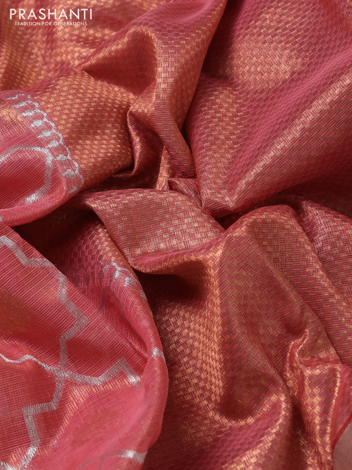 Pure zari kota silk saree peach shade and green with allover silver & gold geometric zari weaves and silver zari woven muniya butta border - Image 3