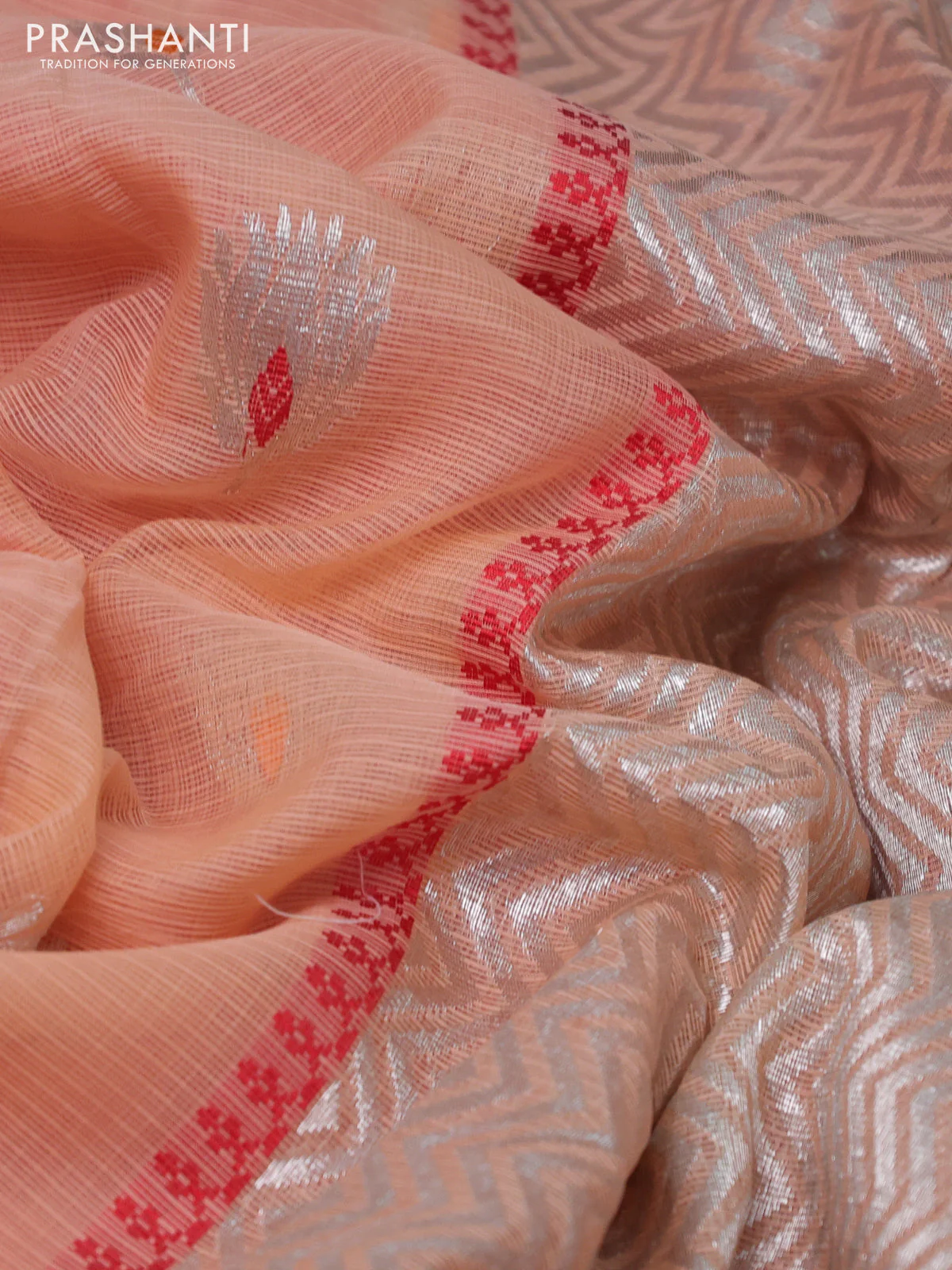 Pure zari kota silk saree peach shade and pink with thread & silver zari woven buttas and silver zari woven border - Image 3