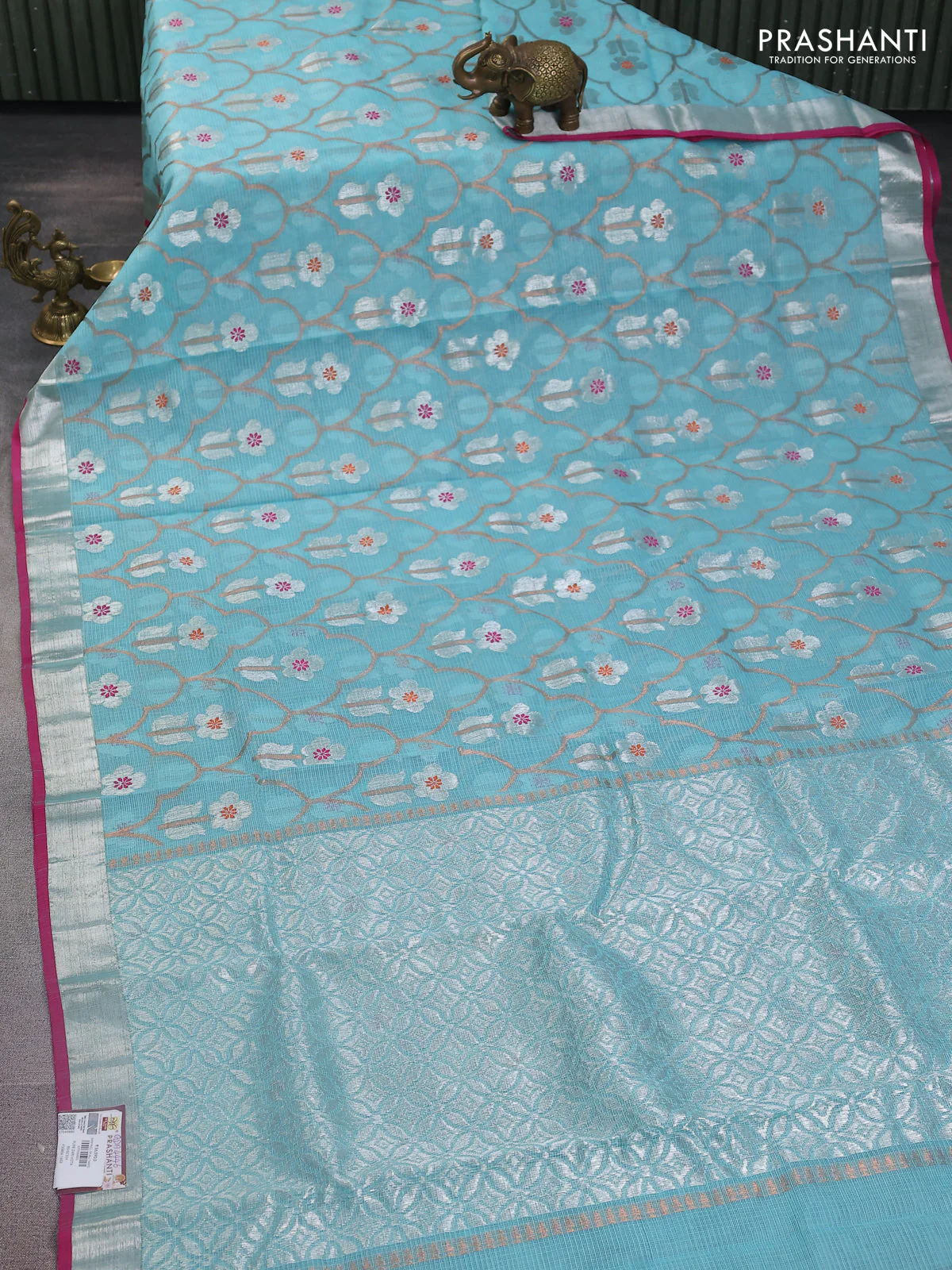 Pure zari kota silk saree teal blue and pink with allover silver & copper zari weaves and silver zari woven border - Image 2