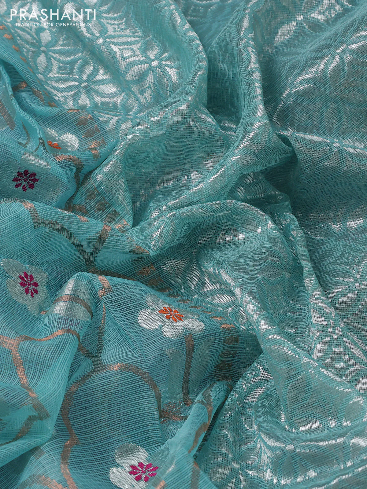 Pure zari kota silk saree teal blue and pink with allover silver & copper zari weaves and silver zari woven border - Image 3
