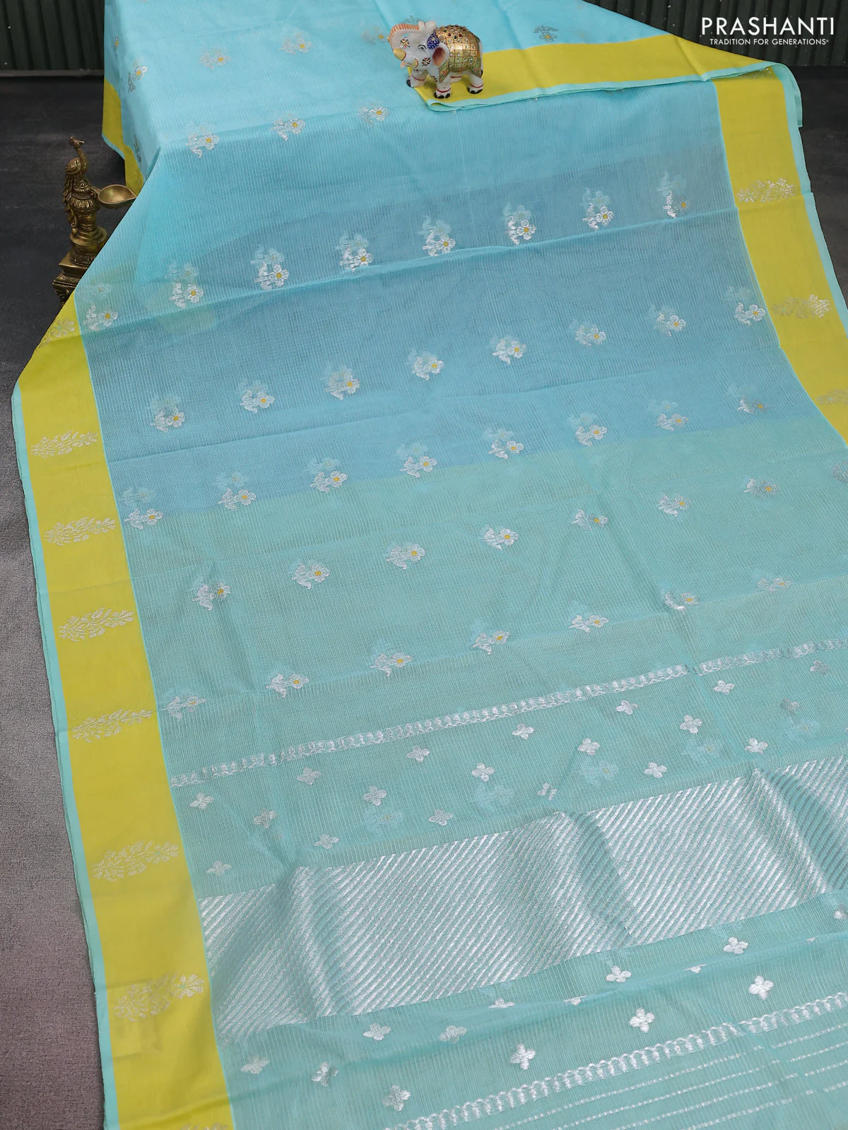Pure zari kota silk saree teal blue and yellow with silver zari woven buttas and silver zari woven butta border - Image 2