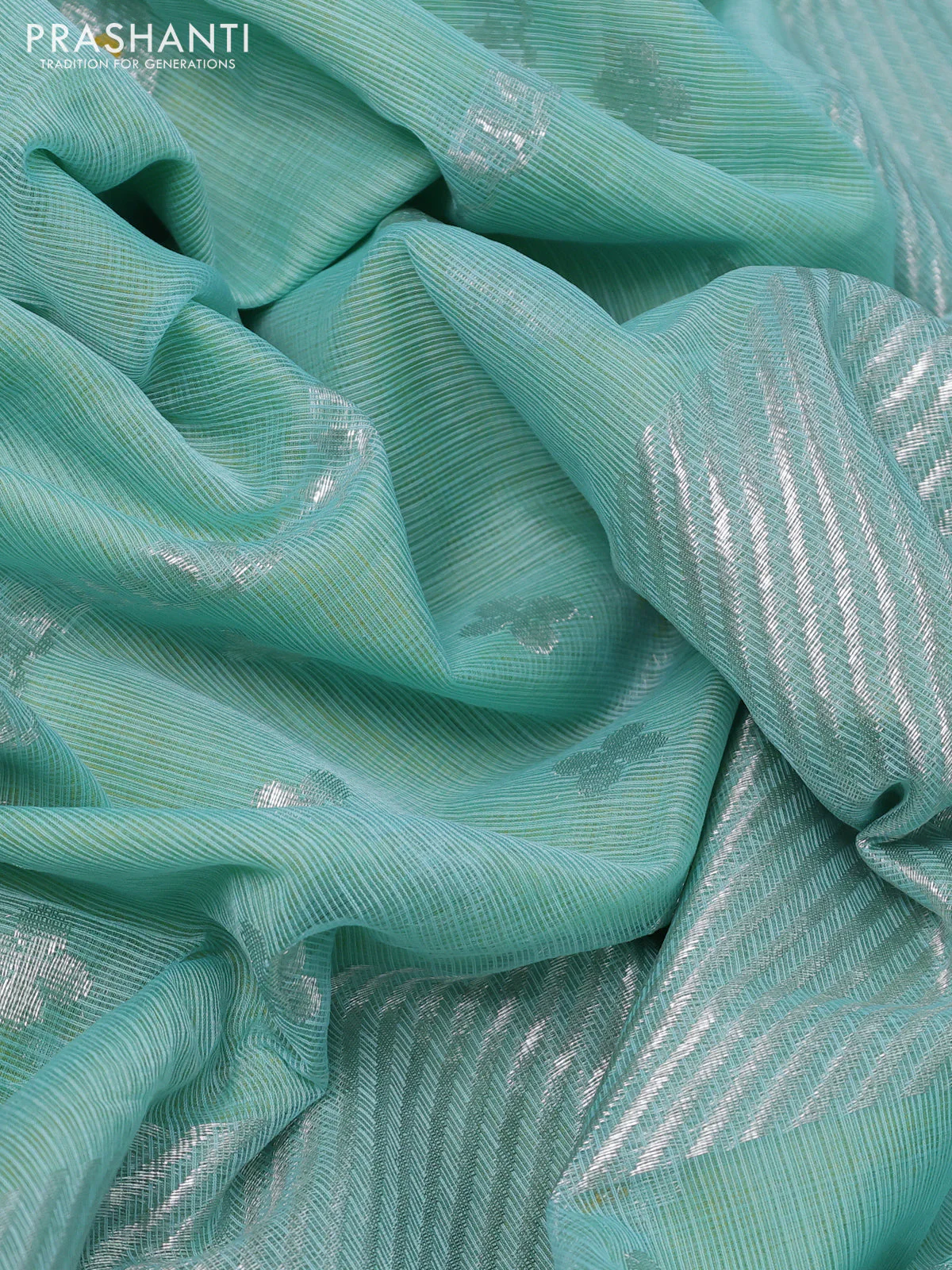 Pure zari kota silk saree teal blue and yellow with silver zari woven buttas and silver zari woven butta border - Image 3