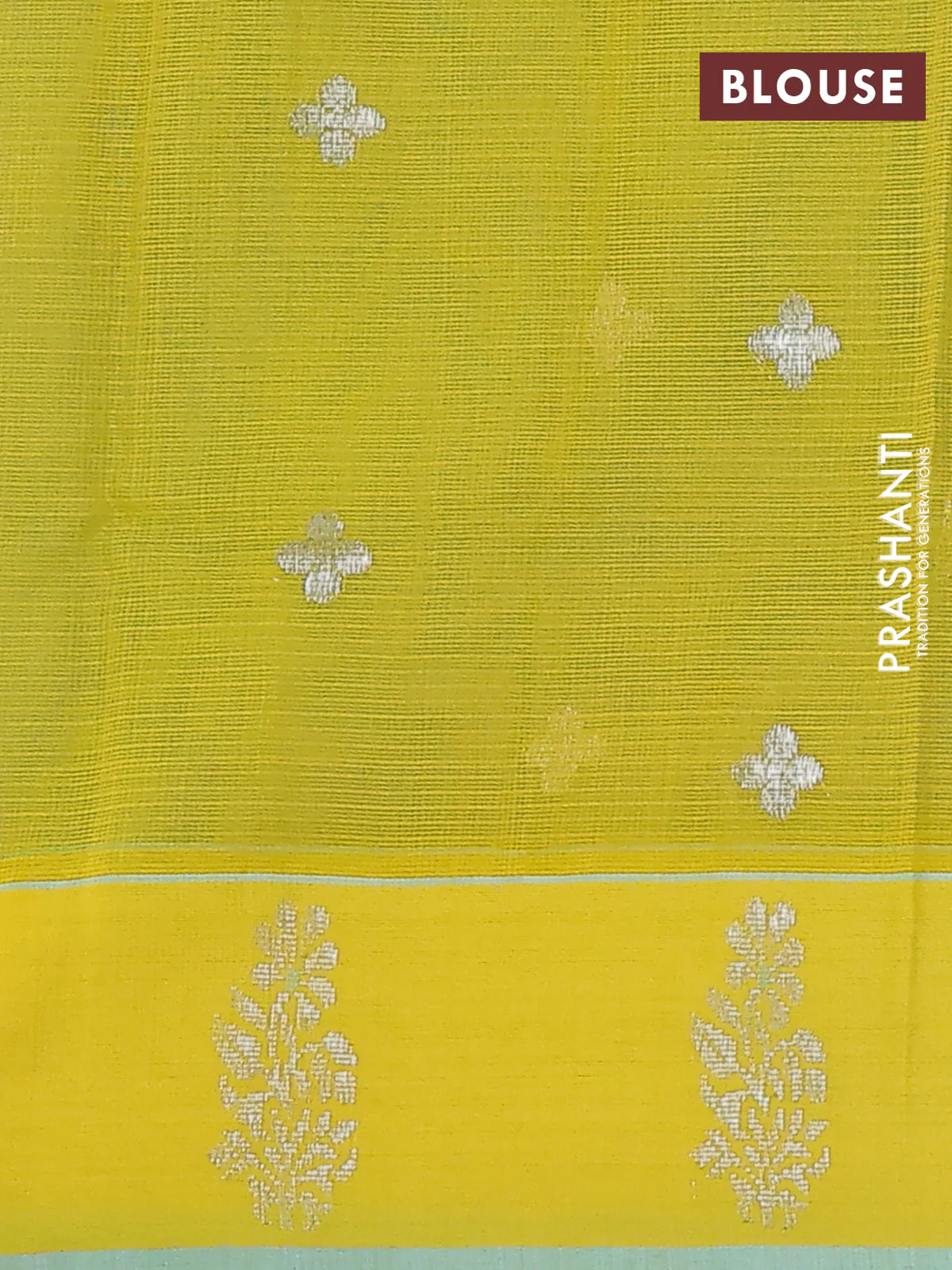 Pure zari kota silk saree teal blue and yellow with silver zari woven buttas and silver zari woven butta border - Image 4