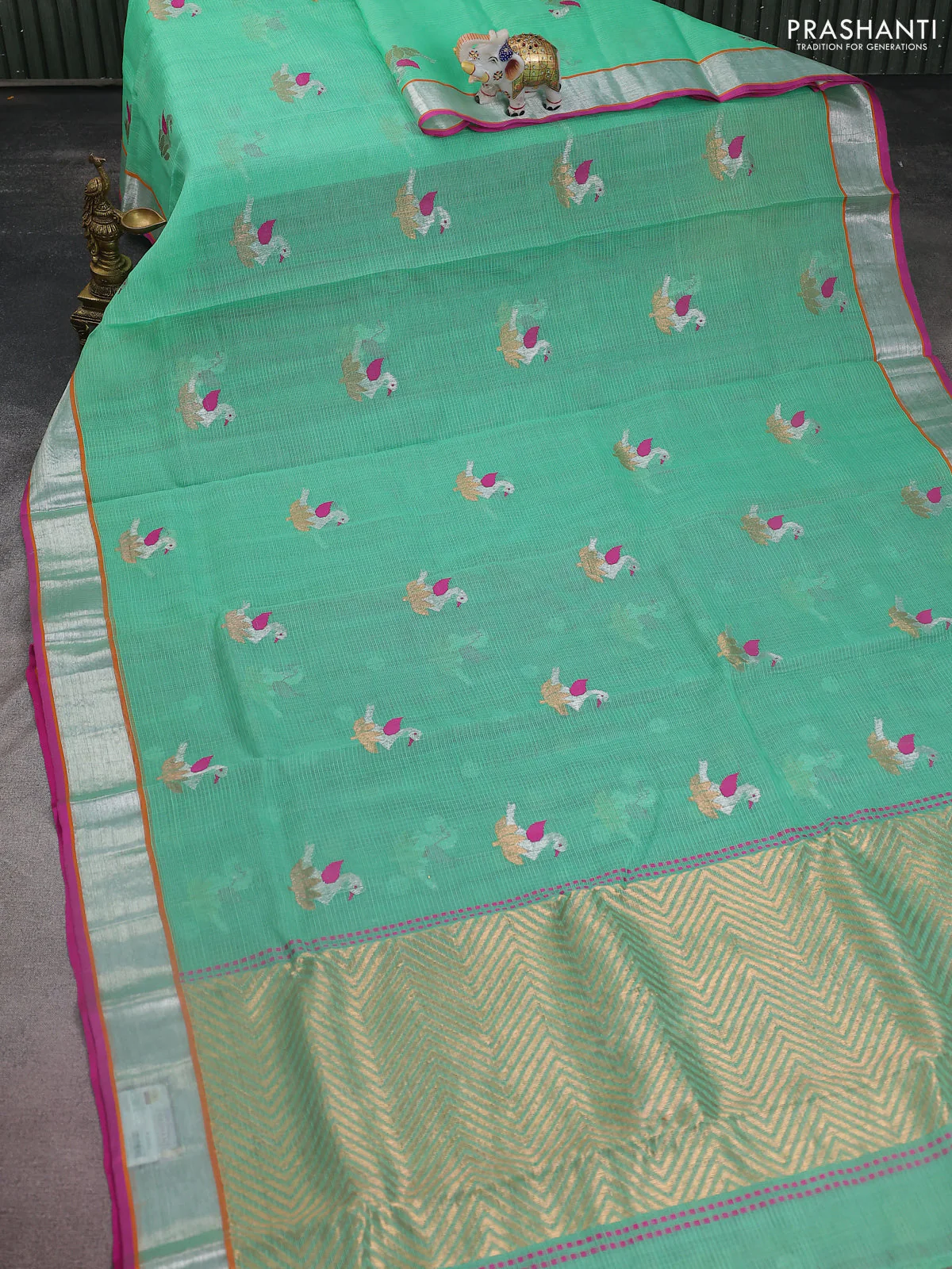 Pure zari kota silk saree teal green and pink with thread & silver zari woven buttas and silver zari woven border - Image 2