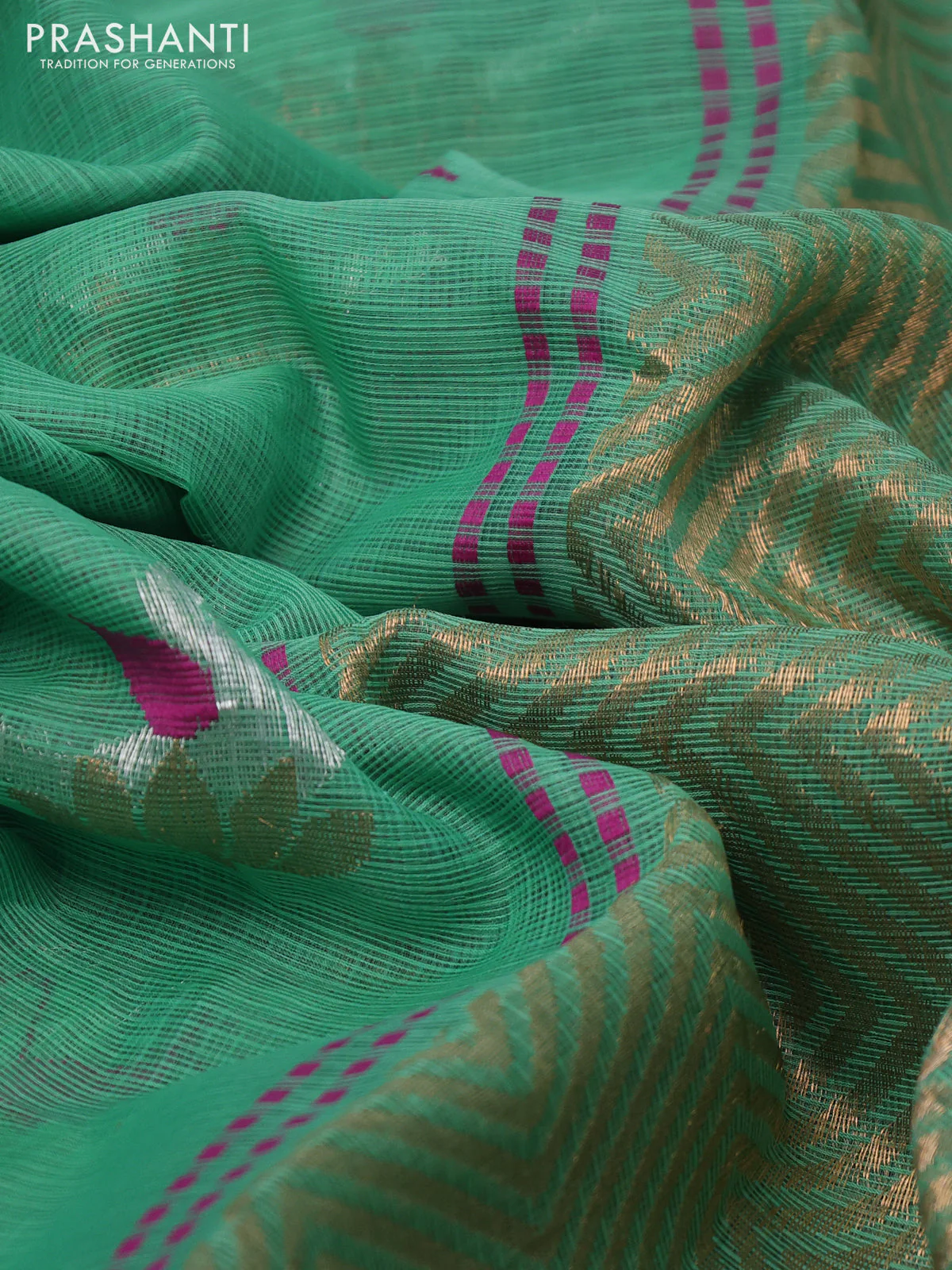 Pure zari kota silk saree teal green and pink with thread & silver zari woven buttas and silver zari woven border - Image 3
