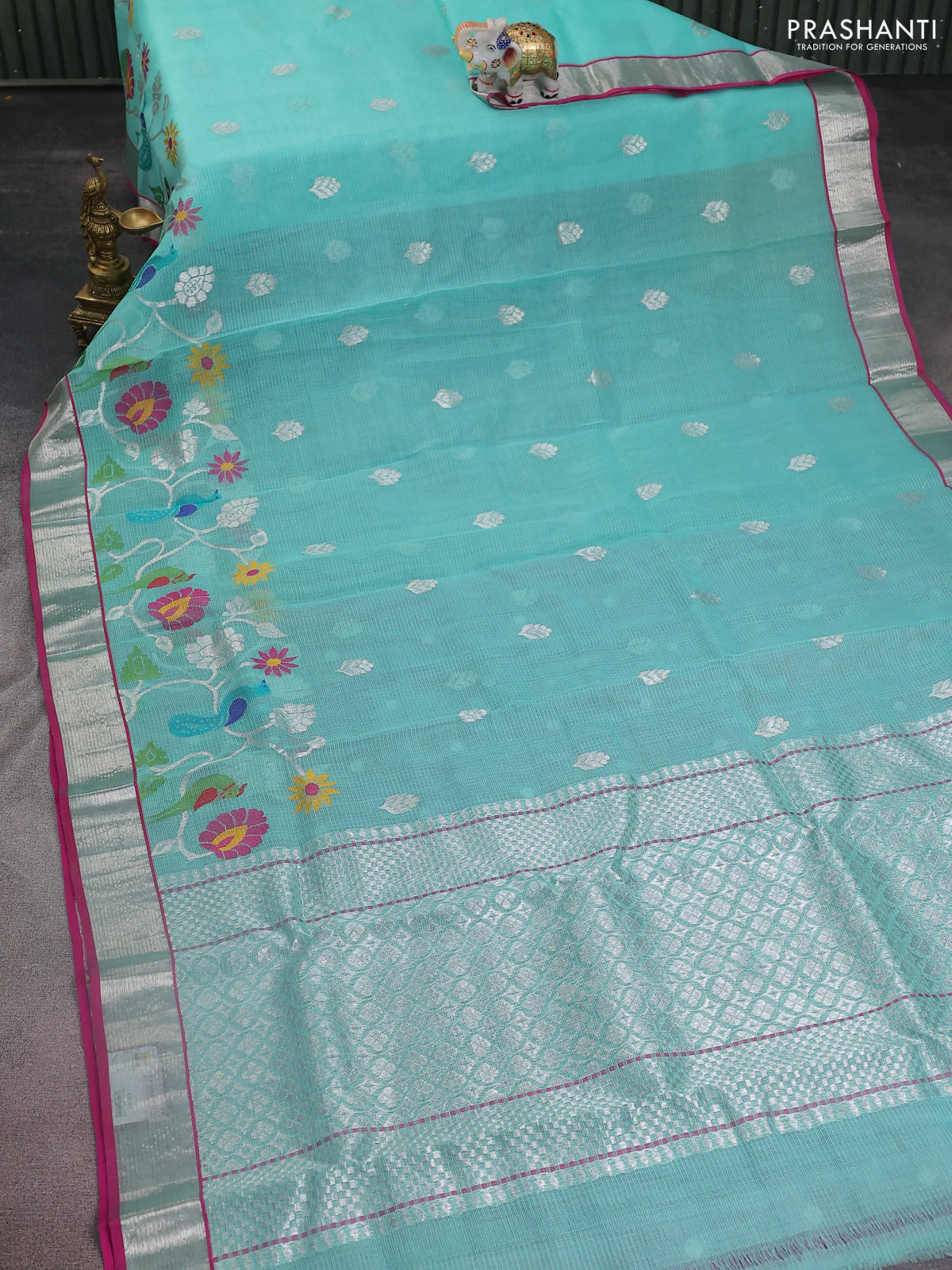 Pure zari kota silk saree teal shade and pink with silver zari woven buttas and silver zari woven border - Image 2