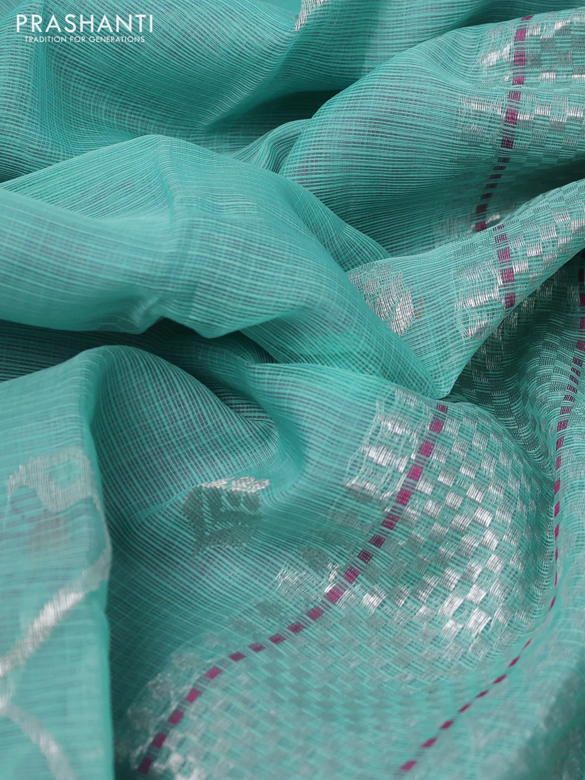 Pure zari kota silk saree teal shade and pink with silver zari woven buttas and silver zari woven border - Image 3