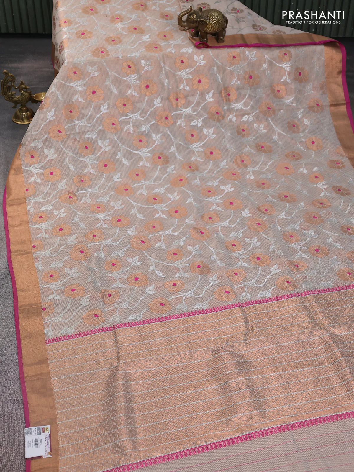 Pure zari tissue kota silk saree beige and pink with allover silver & copper floral zari weaves and copper zari woven border - Image 2