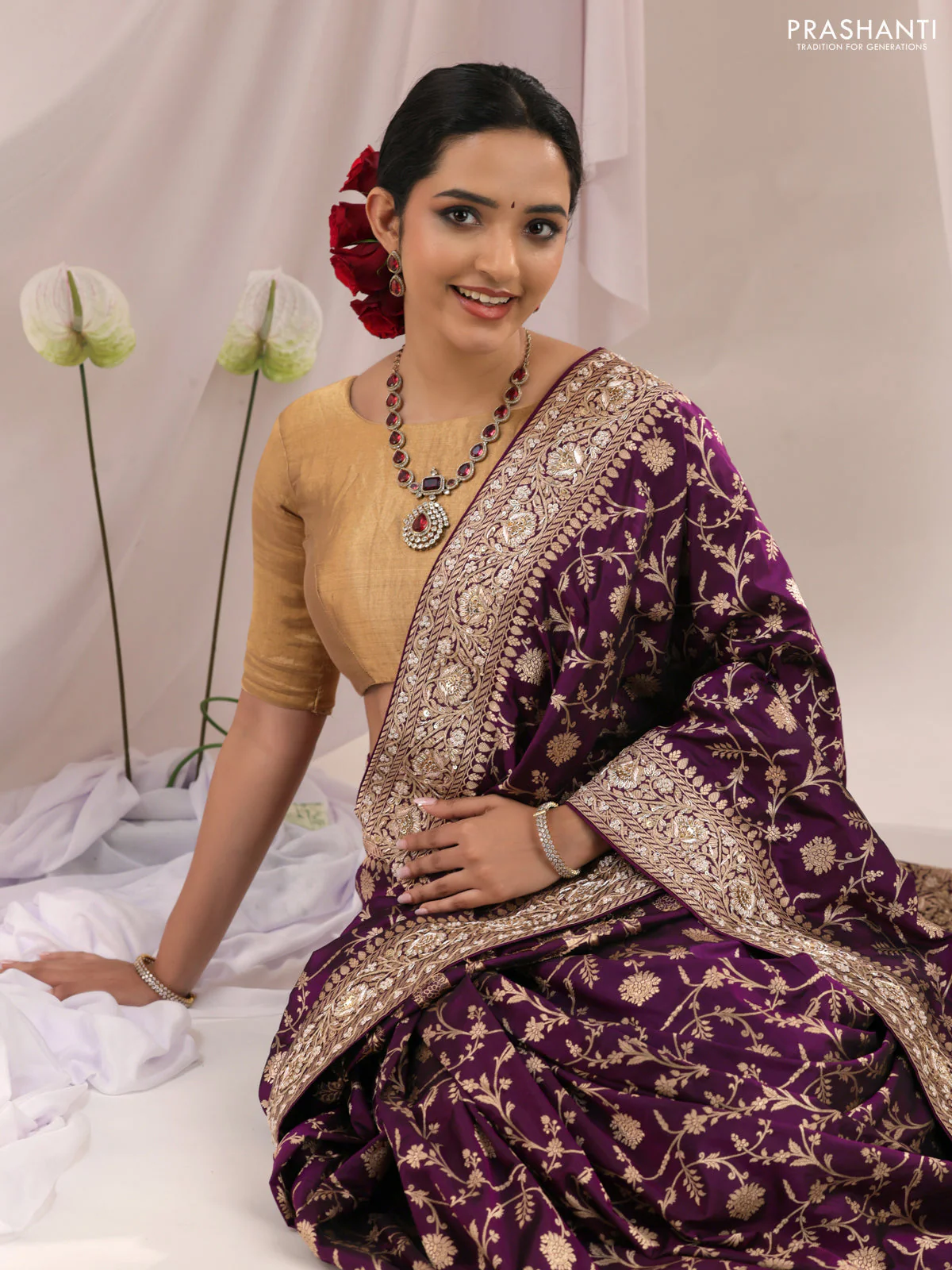 Purple Banarasi Uppada silk saree with allover zari weaves & embroidery border - Image 3