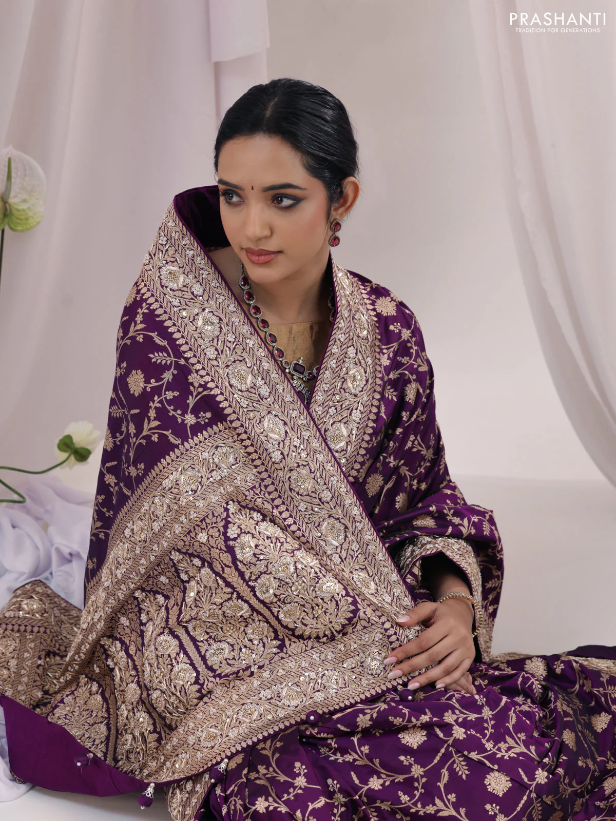 Purple Banarasi Uppada silk saree with allover zari weaves & embroidery border - Image 5