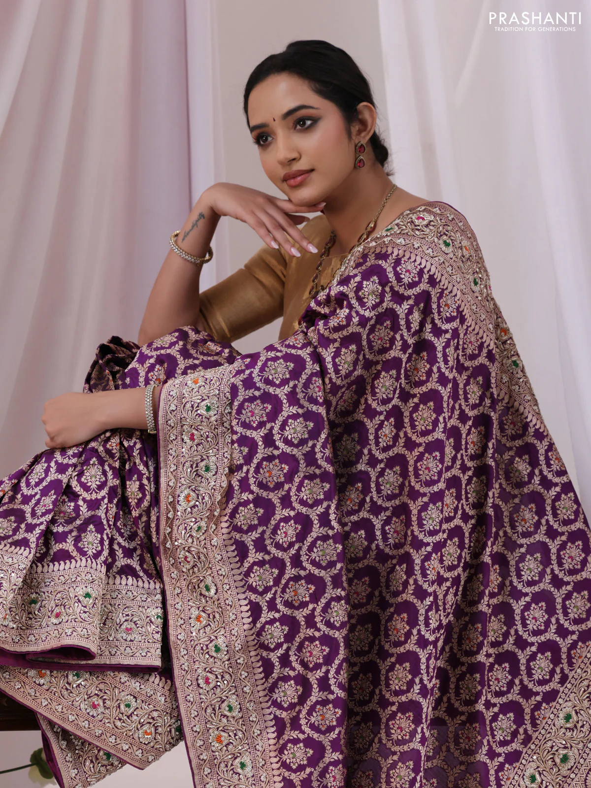 Purple Banarasi Uppada silk saree with allover zari weaves & embroidery border - Image 2