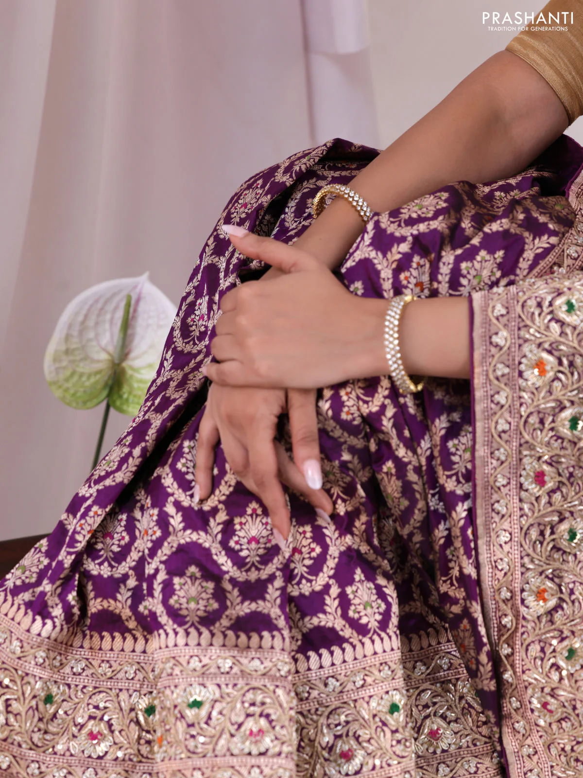 Purple Banarasi Uppada silk saree with allover zari weaves & embroidery border - Image 3