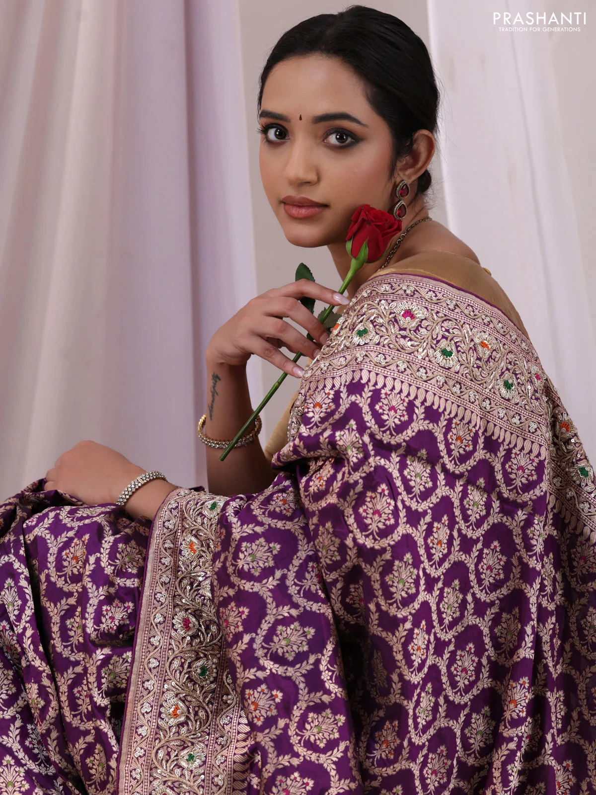 Purple Banarasi Uppada silk saree with allover zari weaves & embroidery border - Image 4