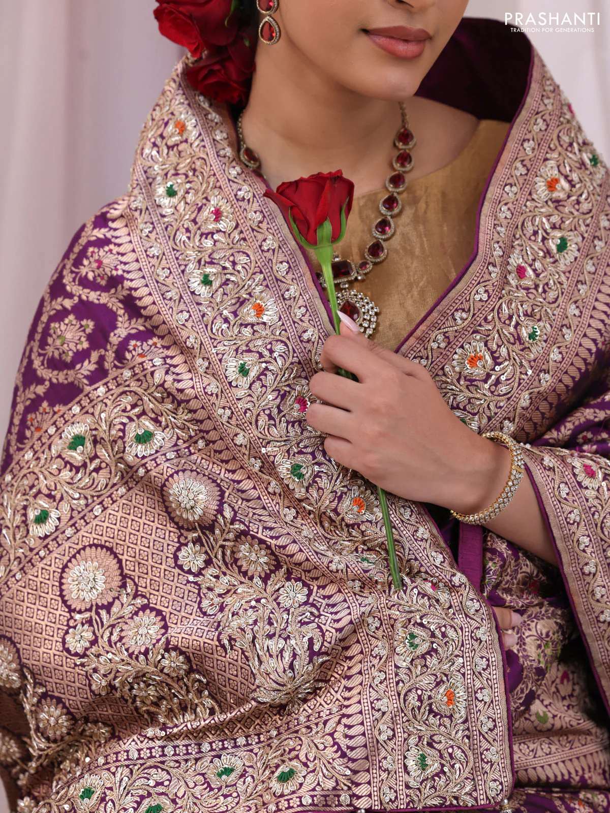 Purple Banarasi Uppada silk saree with allover zari weaves & embroidery border - Image 5