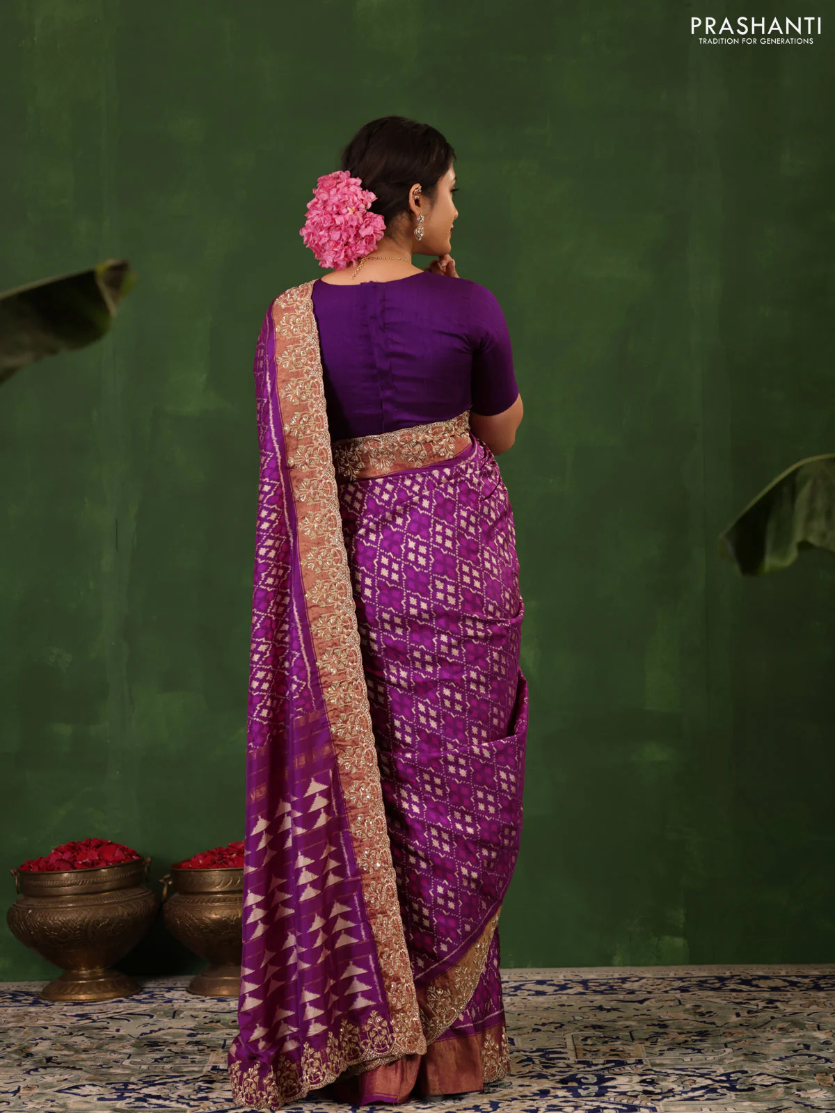 Purple Pochampally Silk Saree With Border Embroidery - Image 3