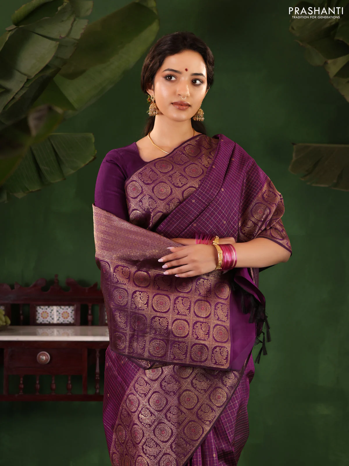 Purple Pure Kanchipuram Silk Saree With Allover Zari Checked Pattern - Image 2