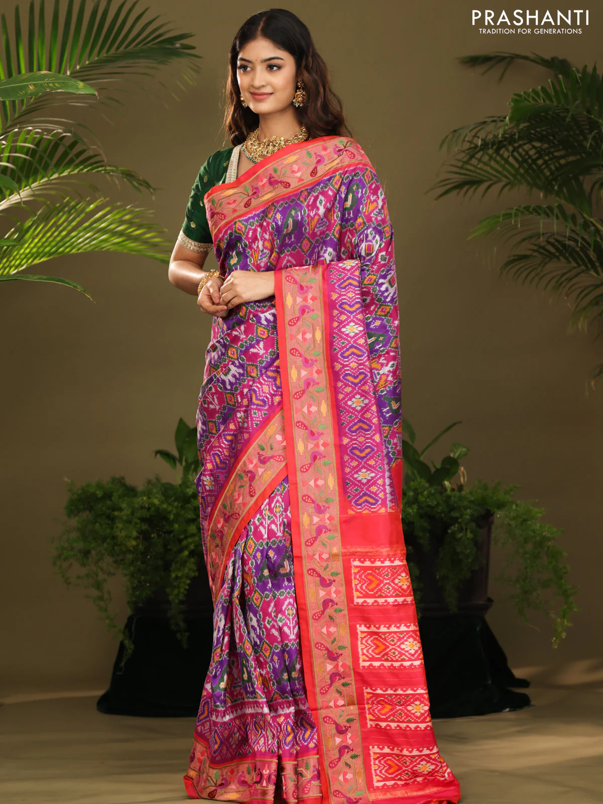 Purple & red kanchipuram silk saree with patola prints and border embroidery - Image 2