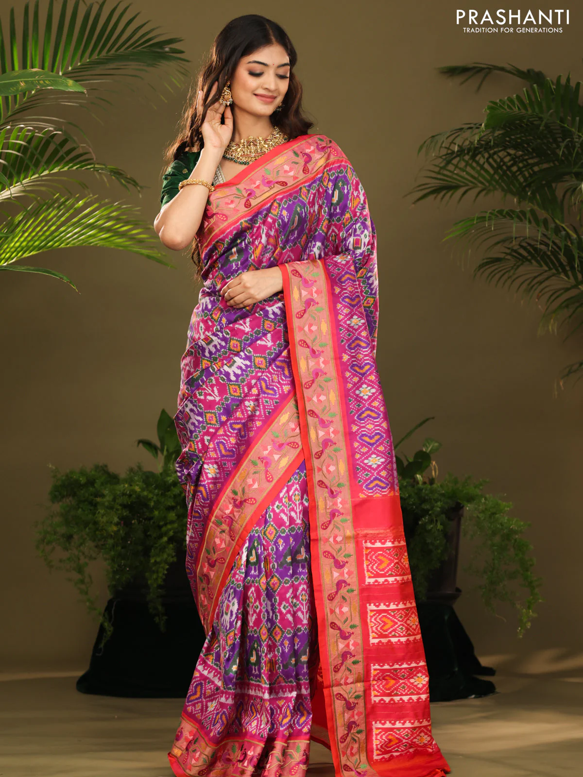 Purple & red kanchipuram silk saree with patola prints and border embroidery - Image 3