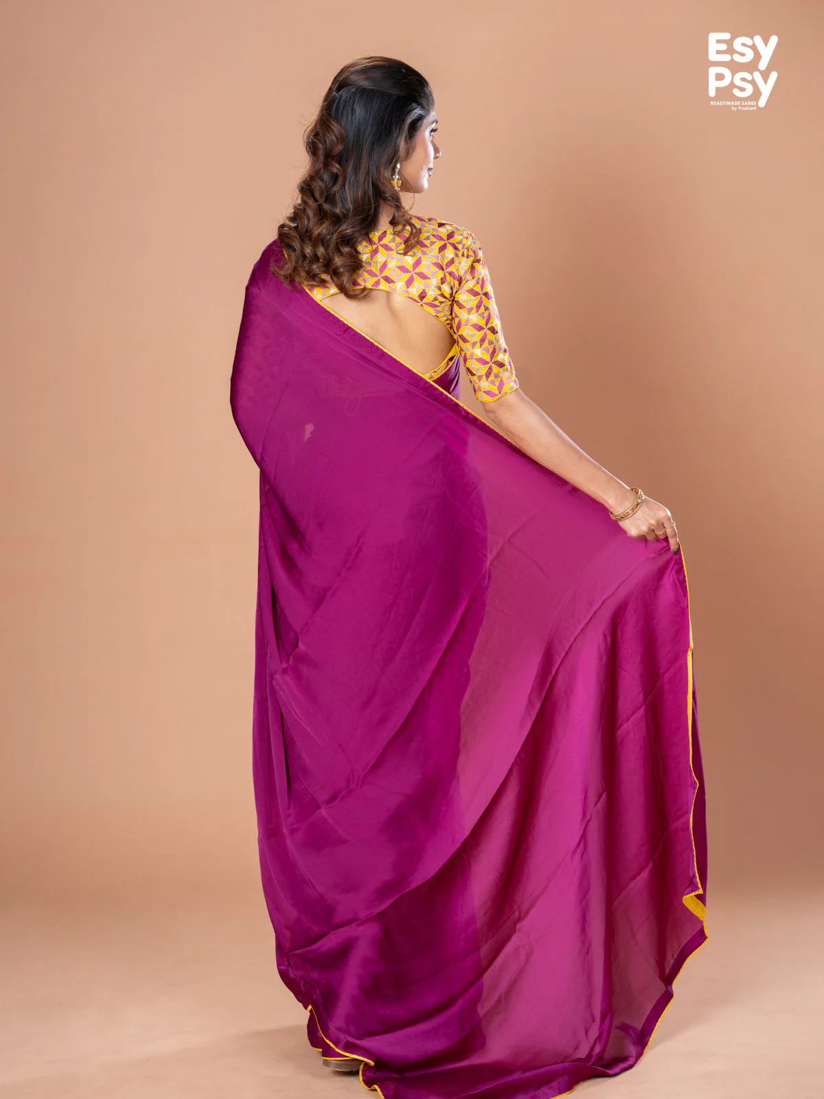 Purple Satin Crepe readymade saree with readymade brocade blouse - Image 2