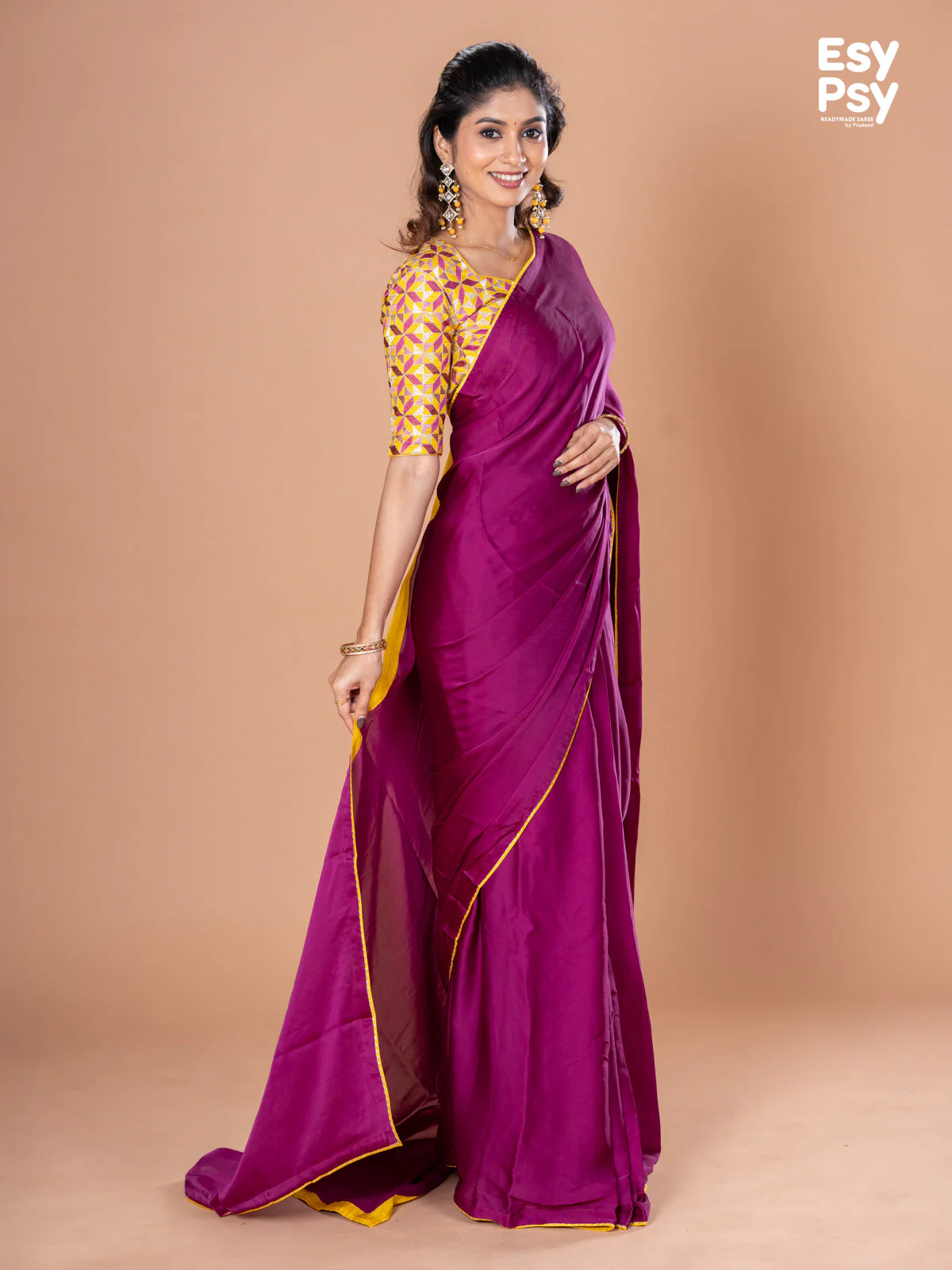 Purple Satin Crepe readymade saree with readymade brocade blouse - Image 3