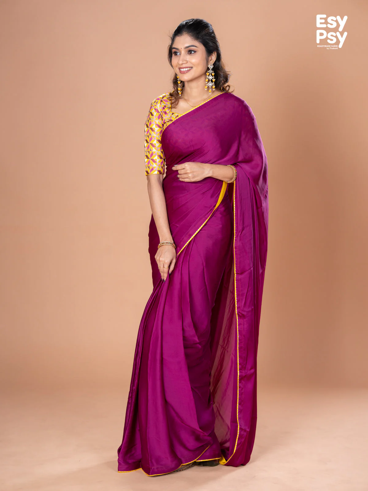 Purple Satin Crepe readymade saree with readymade brocade blouse - Image 4