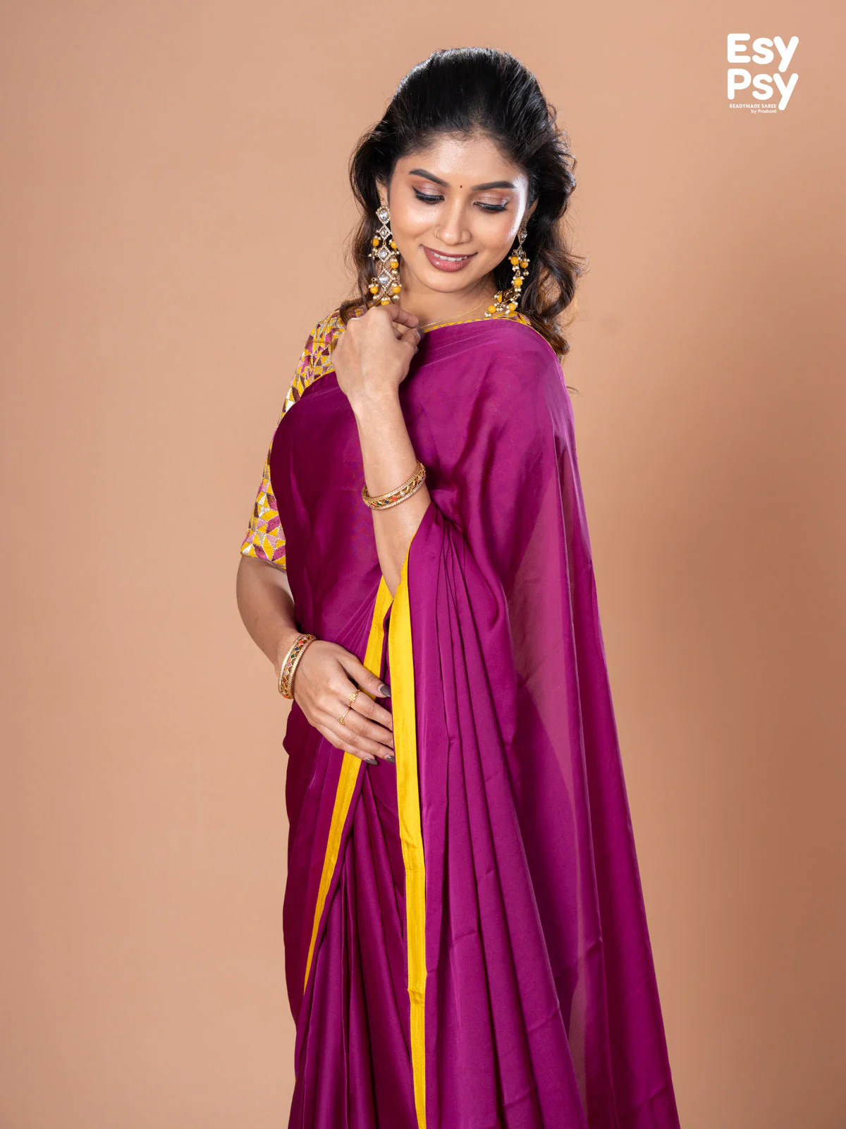 Purple Satin Crepe readymade saree with readymade brocade blouse - Image 6
