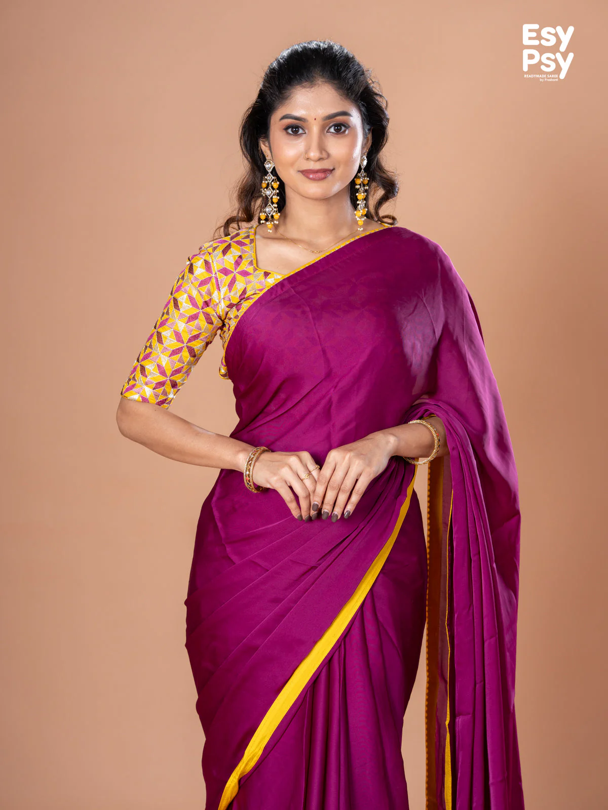 Purple Satin Crepe readymade saree with readymade brocade blouse - Image 7