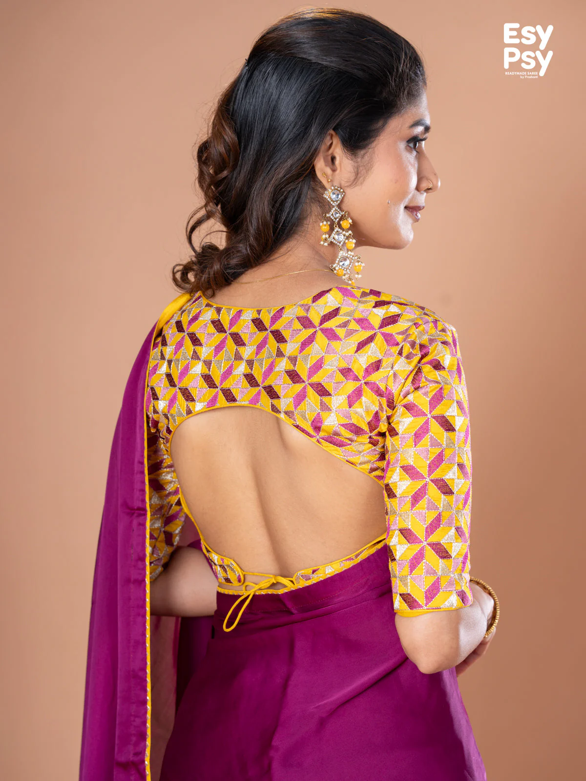 Purple Satin Crepe readymade saree with readymade brocade blouse - Image 9