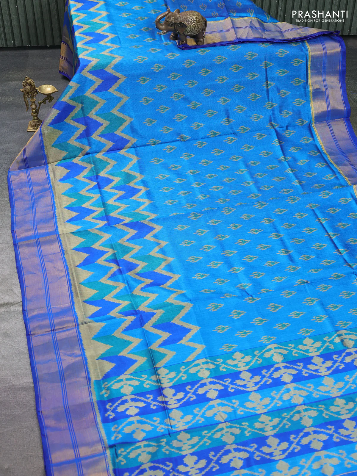 Rajkot patola silk saree blue with allover ikat butta weaves and long ikat woven zari border - Image 2