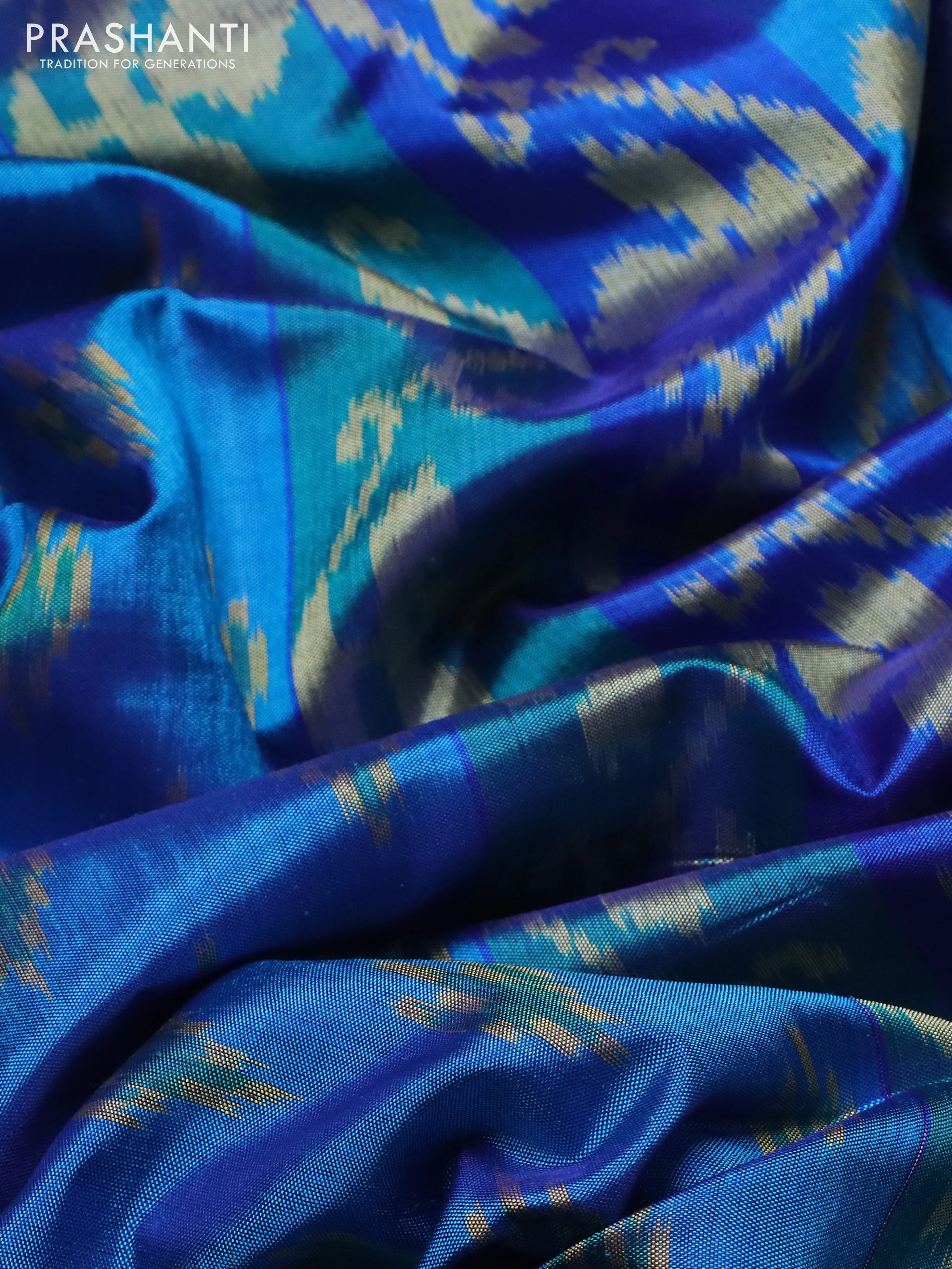 Rajkot patola silk saree blue with allover ikat butta weaves and long ikat woven zari border - Image 3