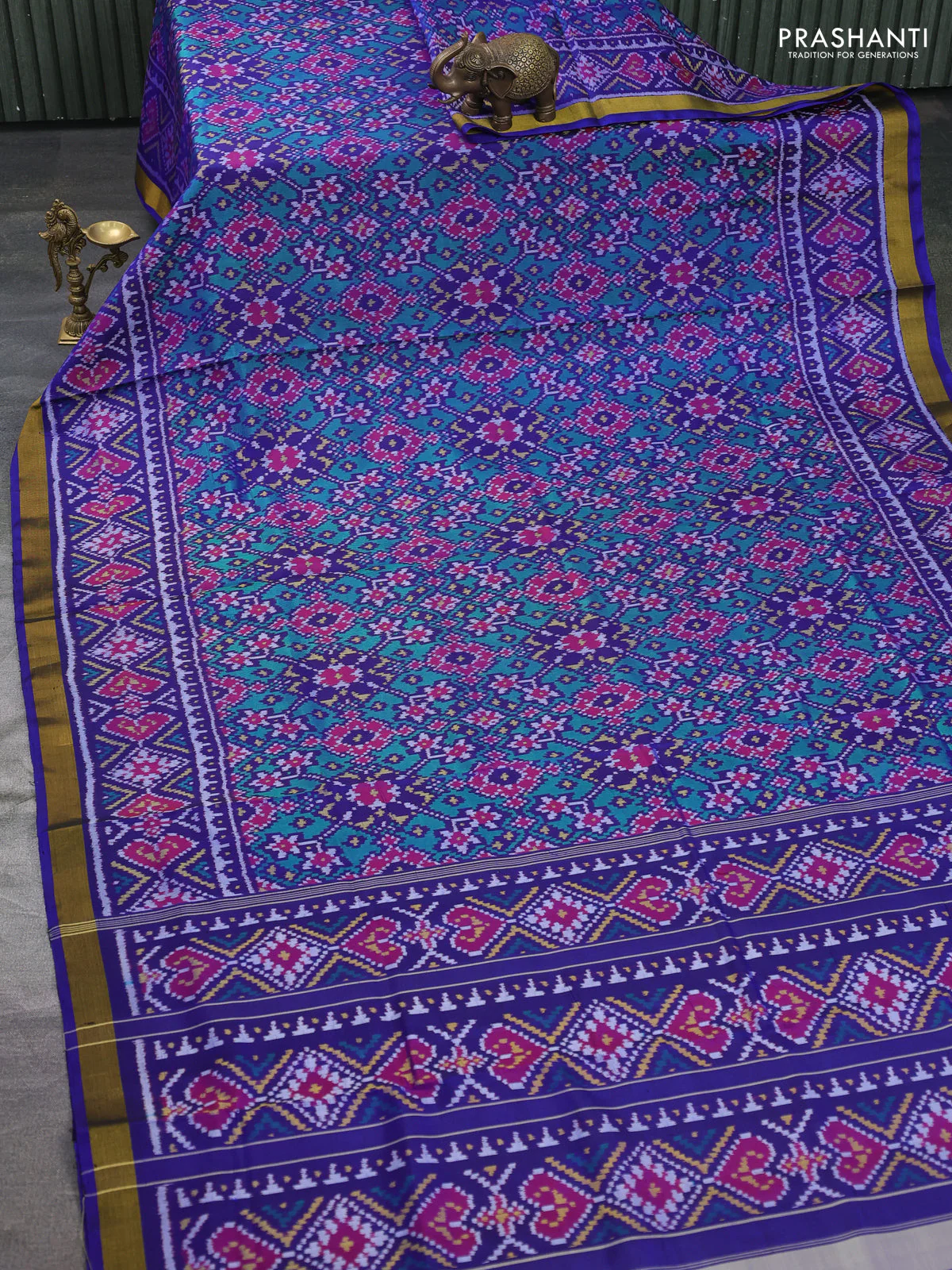 Rajkot patola silk saree blue with allover ikat weaves and ikat woven zari border - Image 2