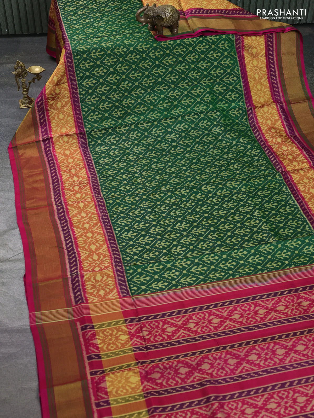Rajkot patola silk saree bottle green and pink with allover ikat weaves and long ikat woven zari border - Image 2