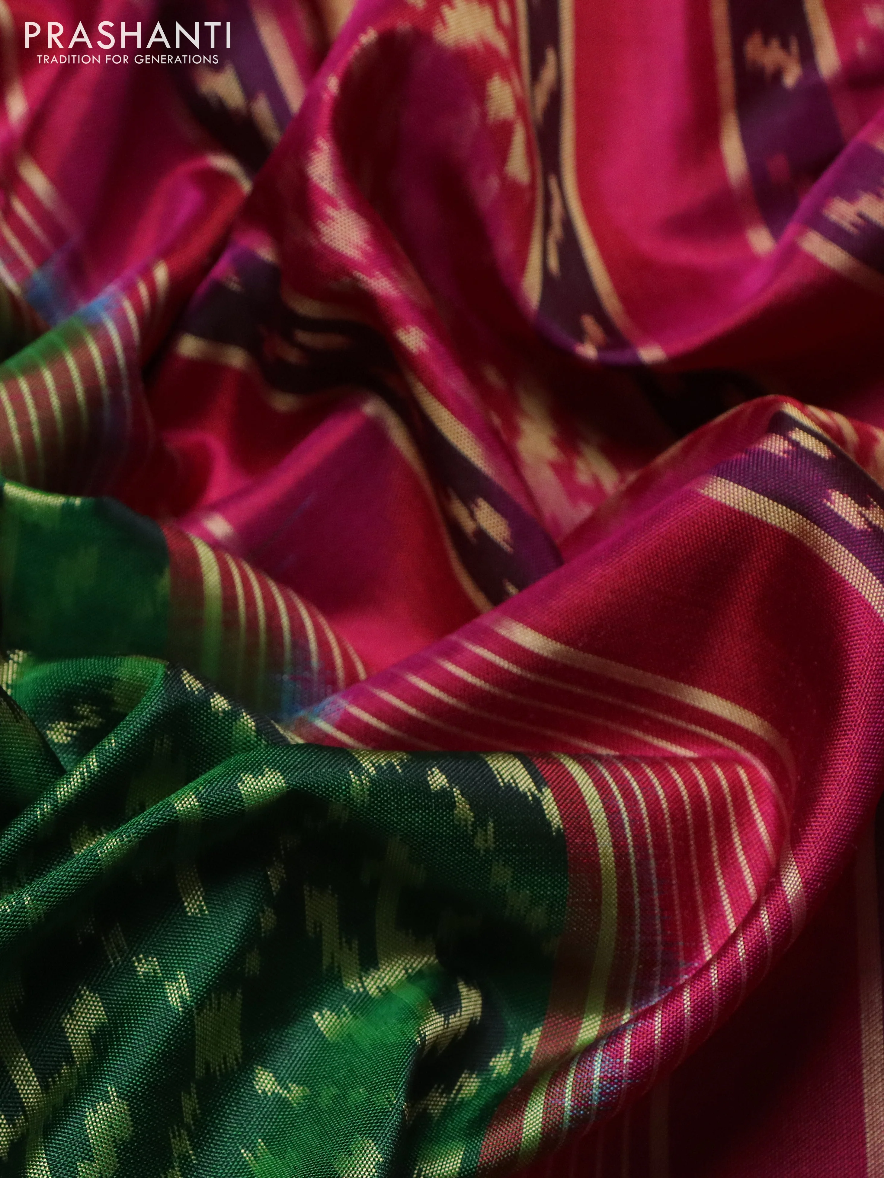 Rajkot patola silk saree bottle green and pink with allover ikat weaves and long ikat woven zari border - Image 3