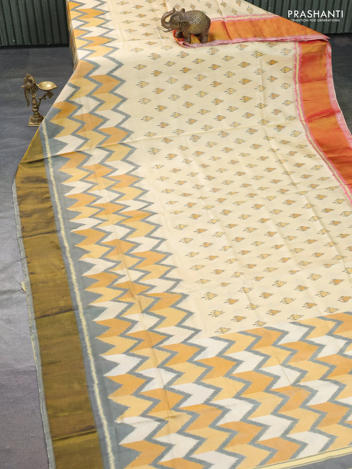 Rajkot patola silk saree cream and grey yellow with allover ikat butta weaves and ganga jamuna border - Image 2