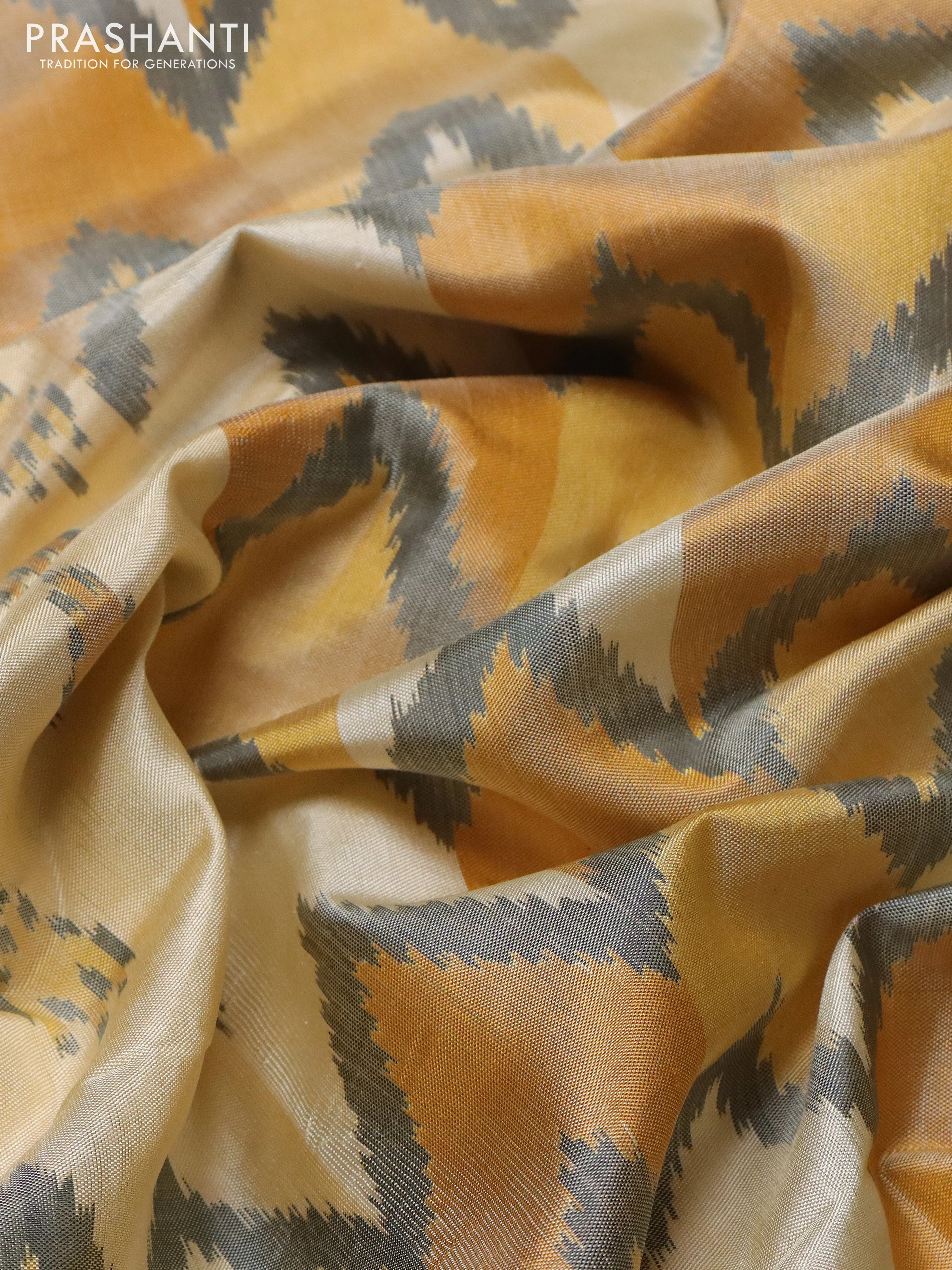 Rajkot patola silk saree cream and grey yellow with allover ikat butta weaves and ganga jamuna border - Image 3