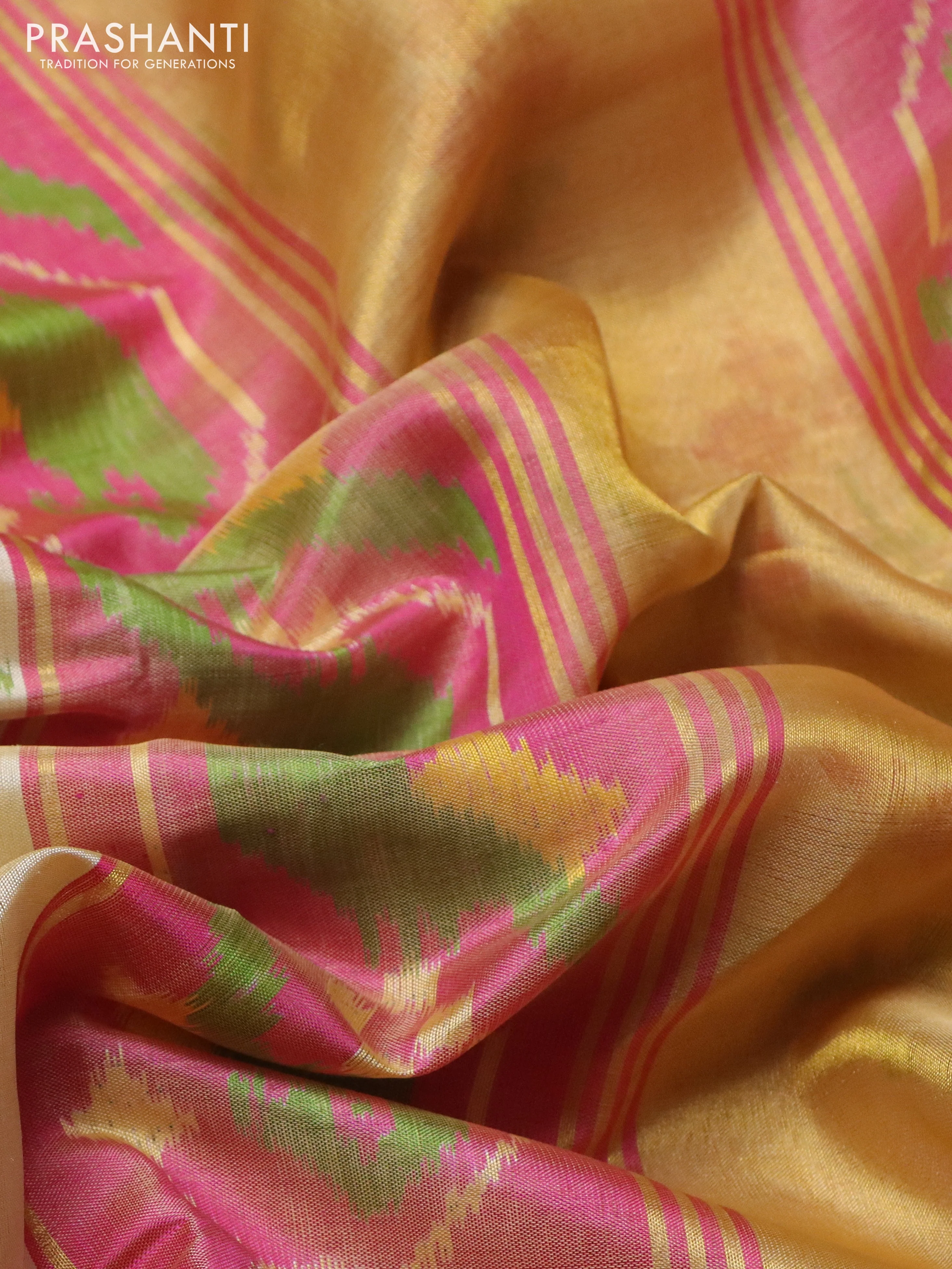 Rajkot patola silk saree cream and pink with allover ikat butta weaves and long ikat woven zari border - Image 3