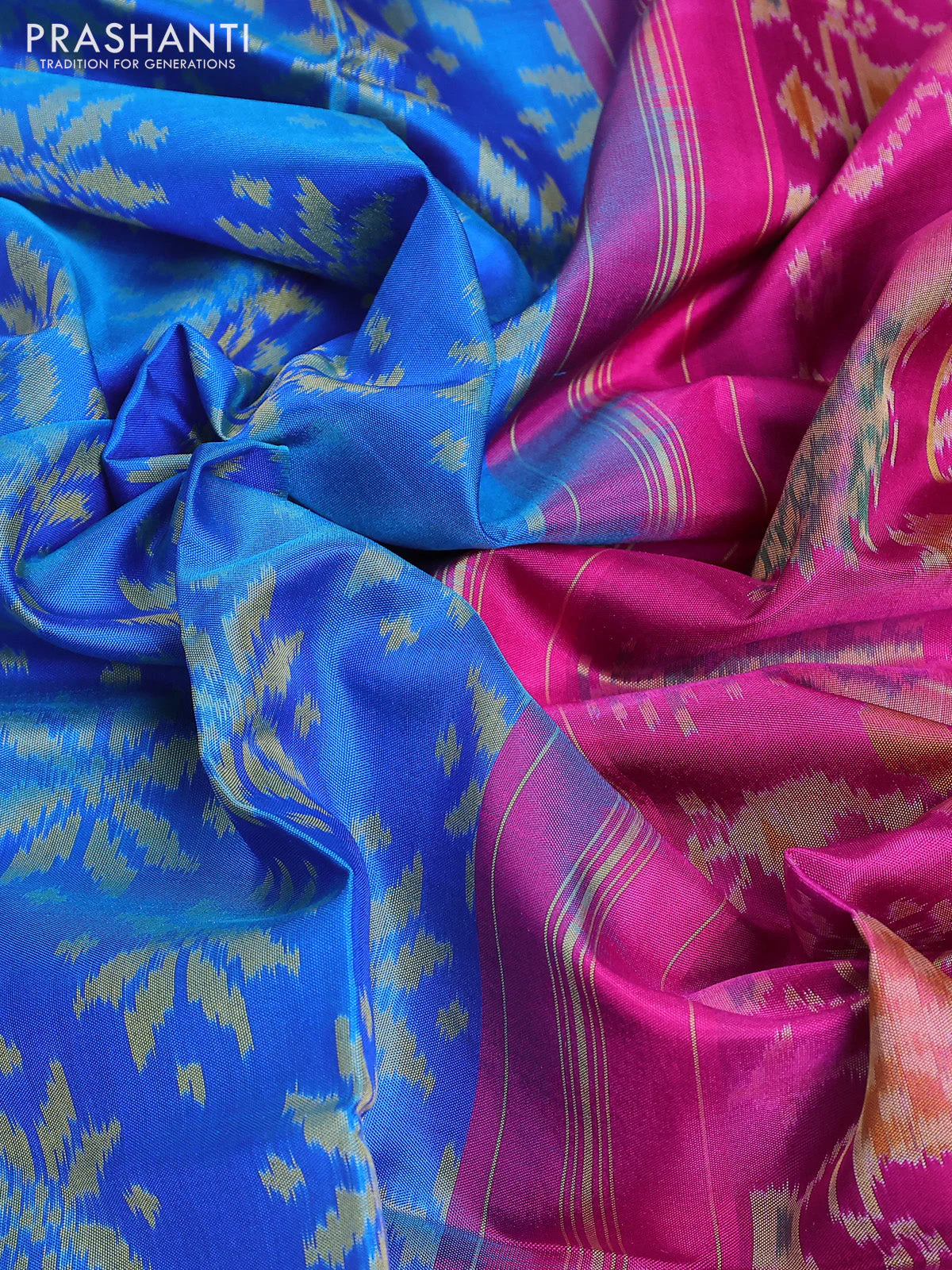Rajkot patola silk saree cs blue and pink with alllover ikat woven buttas and ikat zari woven border - Image 3