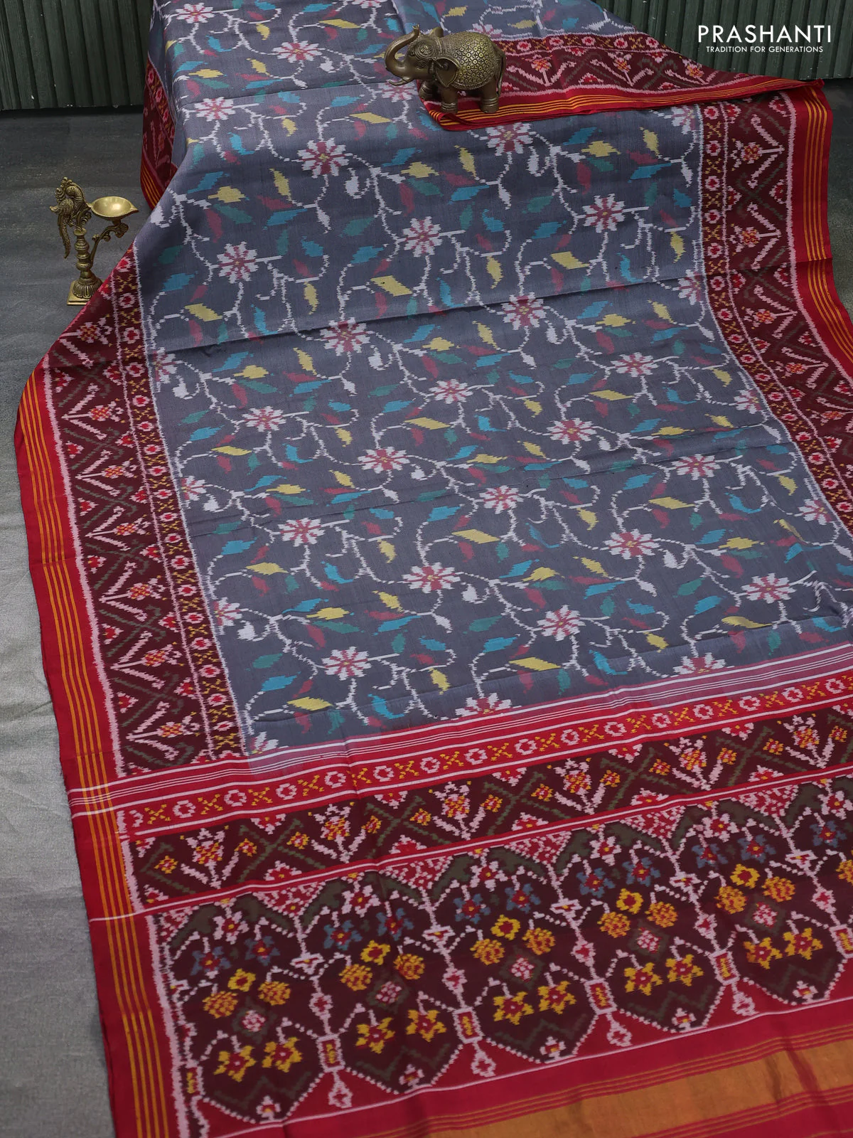 Rajkot patola silk saree dark grey and maroon with allover ikat weaves and ikat woven border - Image 2