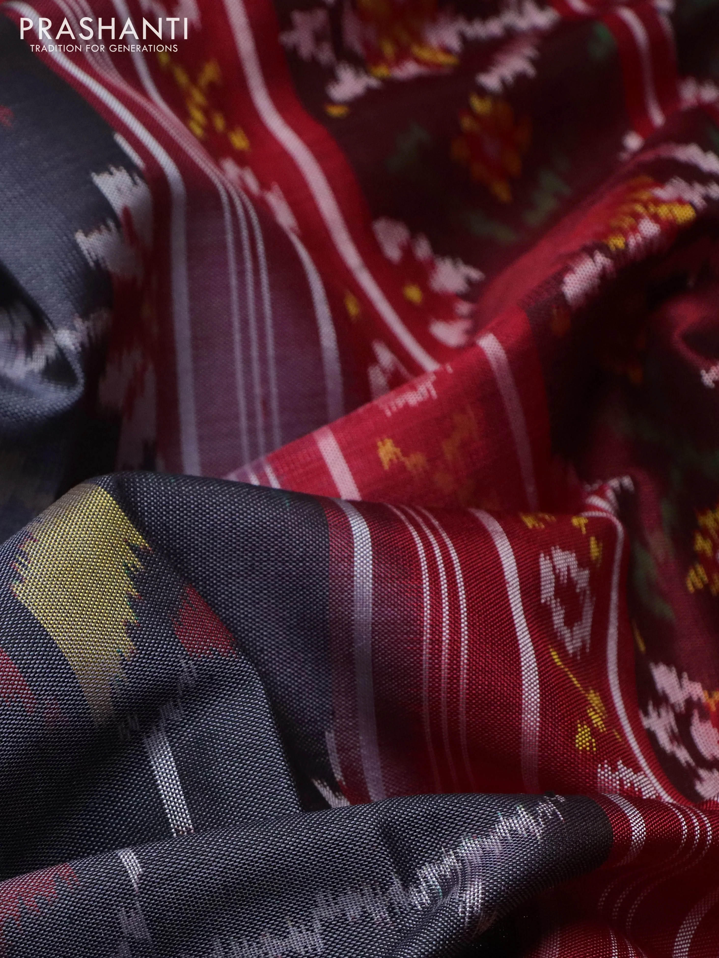 Rajkot patola silk saree dark grey and maroon with allover ikat weaves and ikat woven border - Image 3