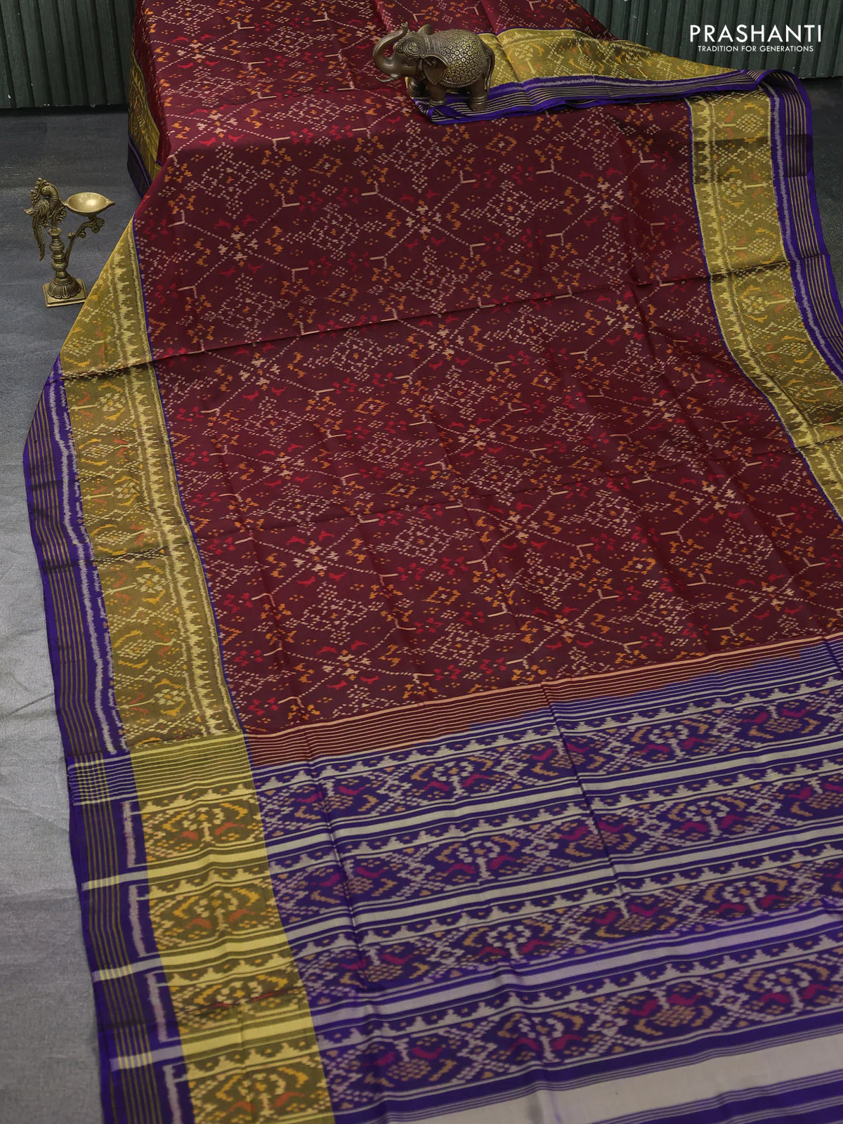 Rajkot patola silk saree deep maroon and navy blue with allover ikat weaves and ikat woven border - Image 2