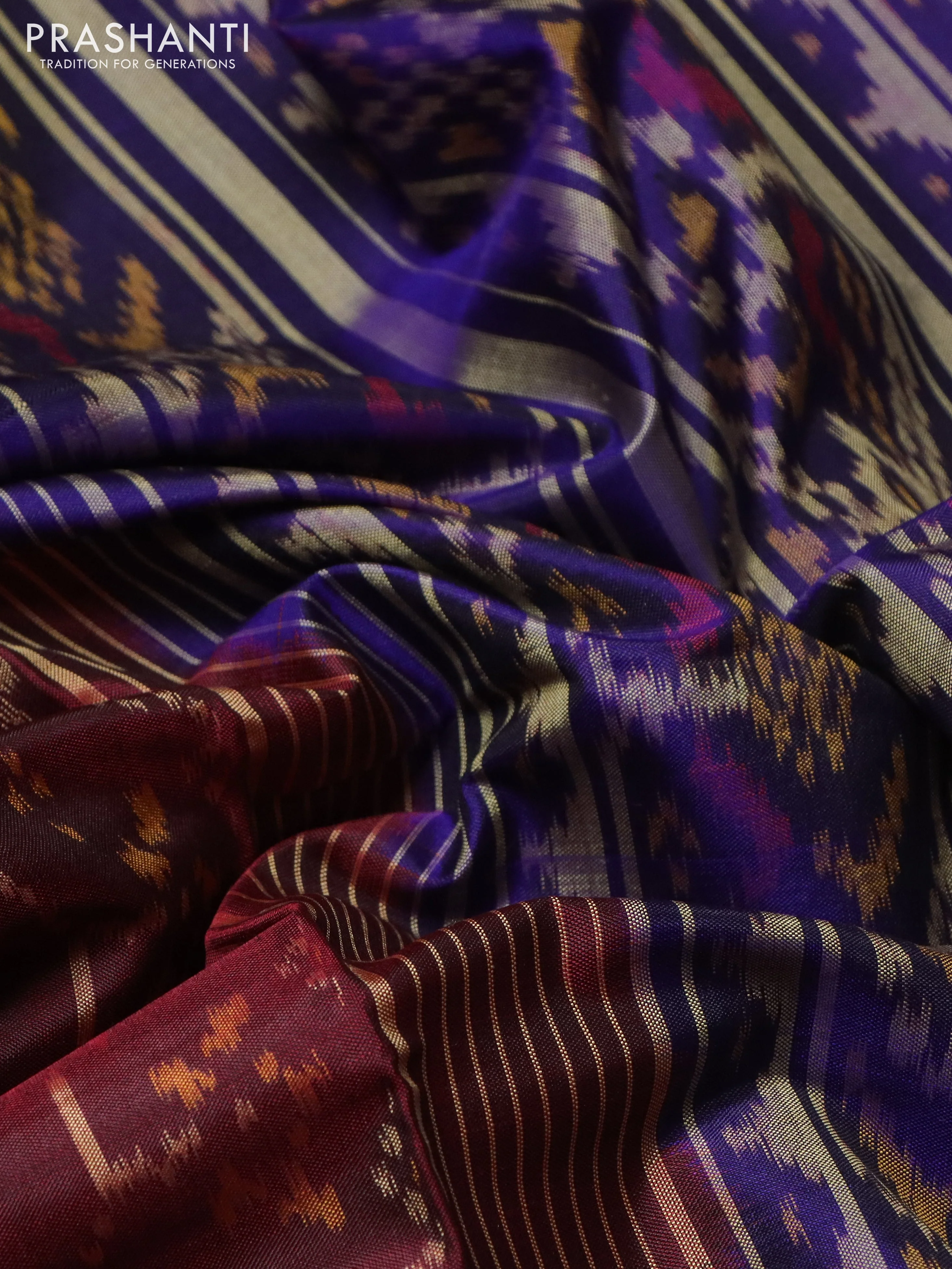 Rajkot patola silk saree deep maroon and navy blue with allover ikat weaves and ikat woven border - Image 3