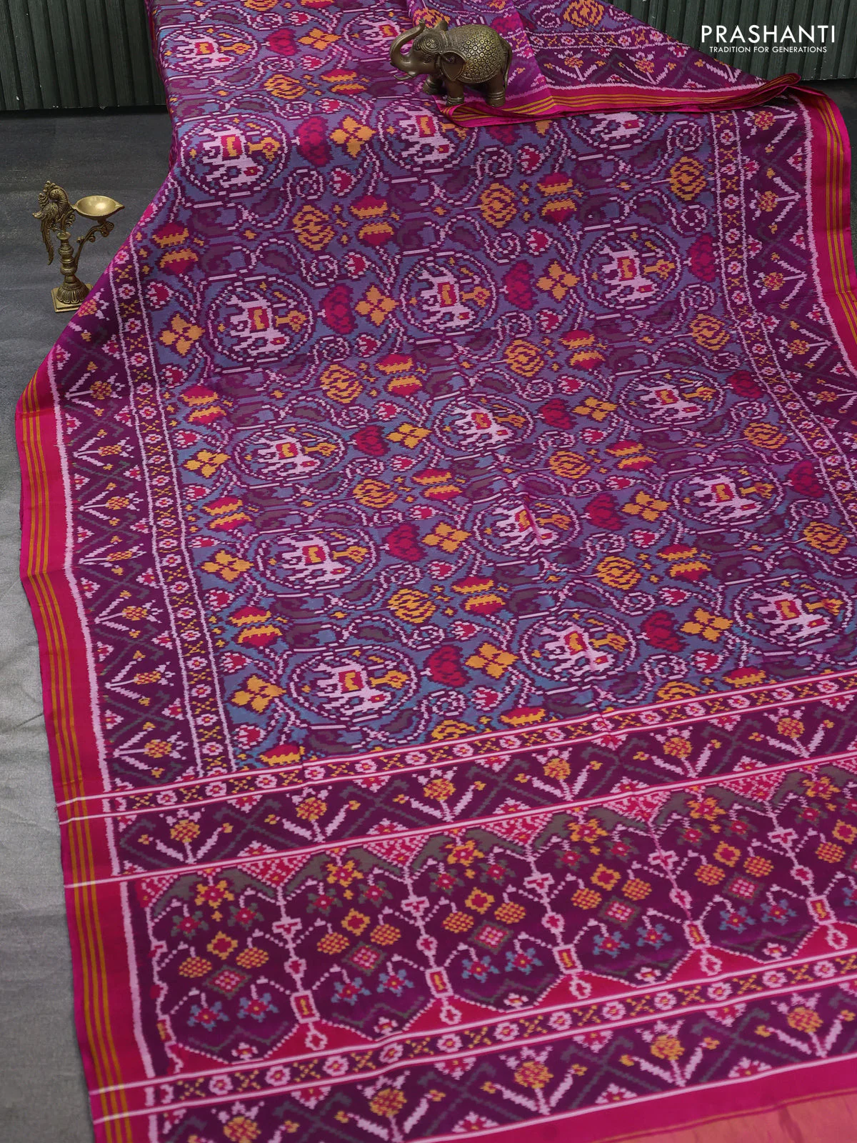 Rajkot patola silk saree deep purple and pink with allover ikat weaves and ikat woven border - Image 2