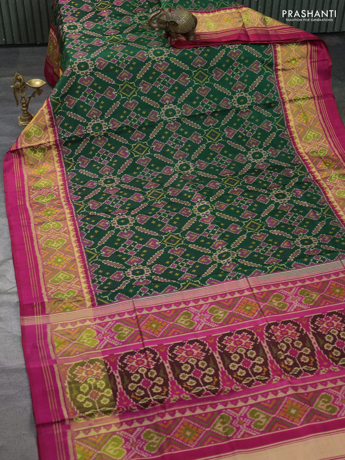 Rajkot patola silk saree green and pink with allover ikat weaves and ikat woven border - Image 2