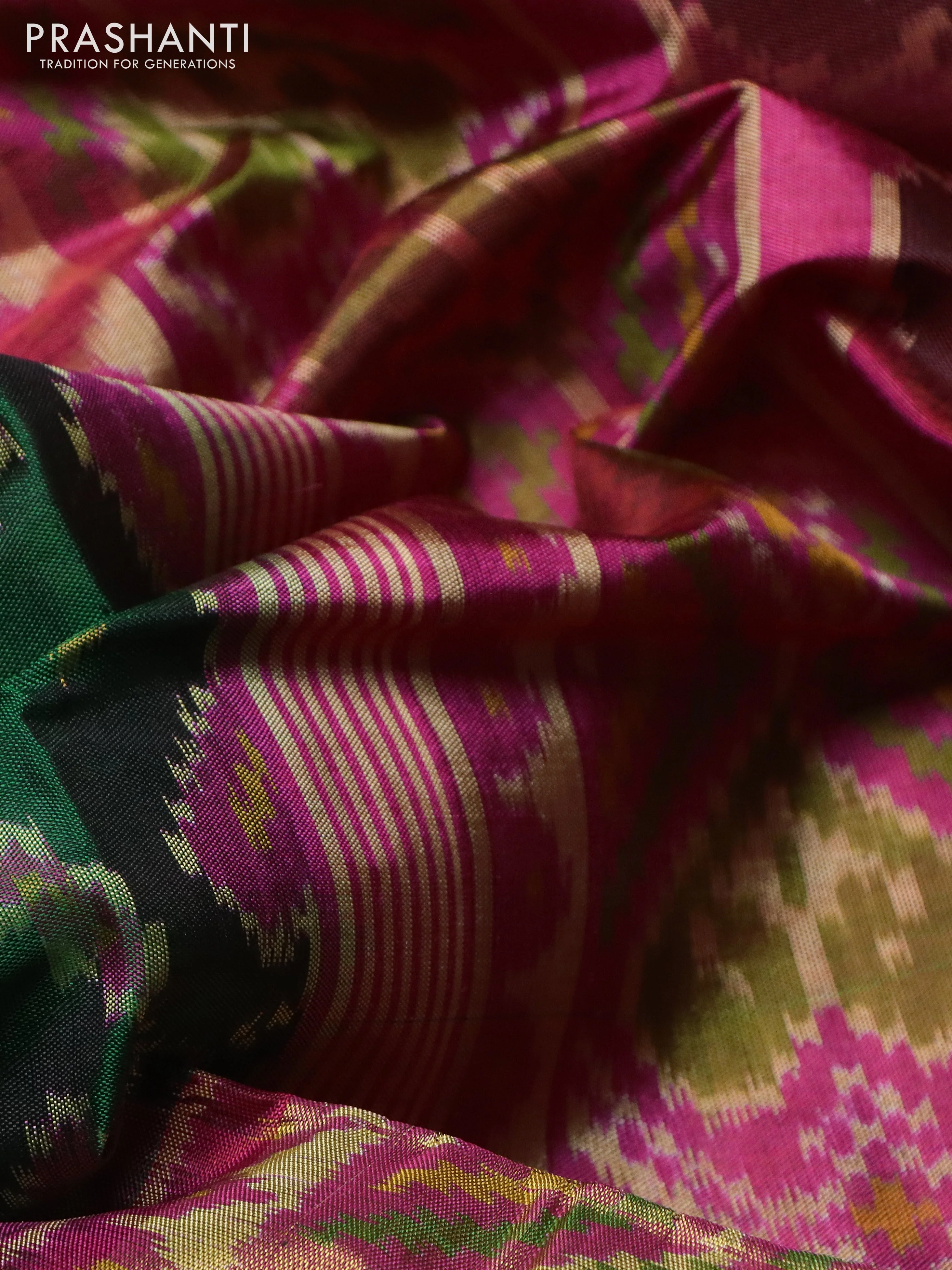 Rajkot patola silk saree green and pink with allover ikat weaves and ikat woven border - Image 3