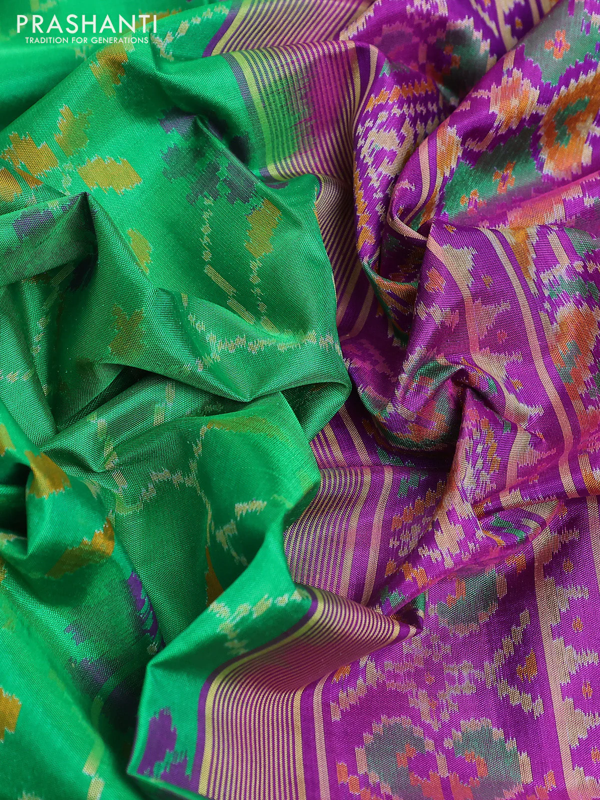 Rajkot patola silk saree green and purple with allover ikat weaves and ikat woven border - Image 3