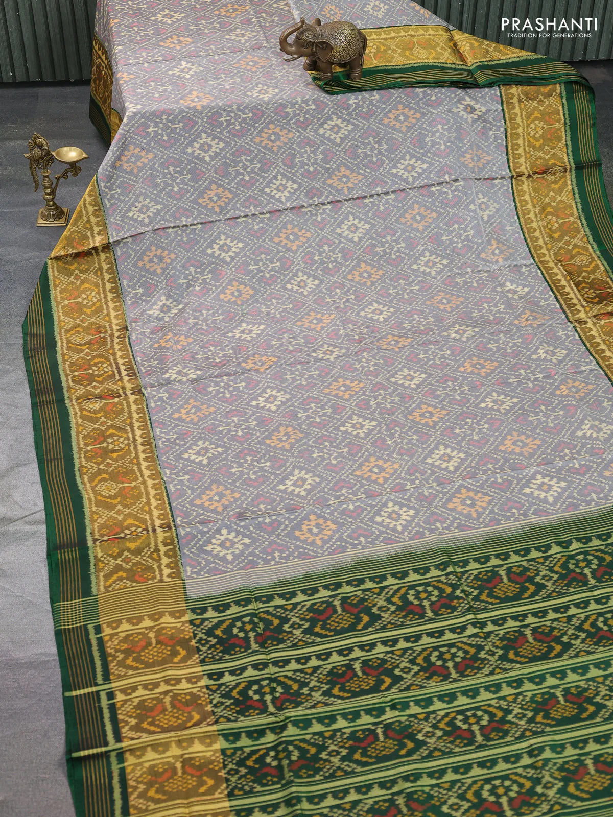 Rajkot patola silk saree grey and green with allover ikat weaves and ikat woven zari border - Image 2