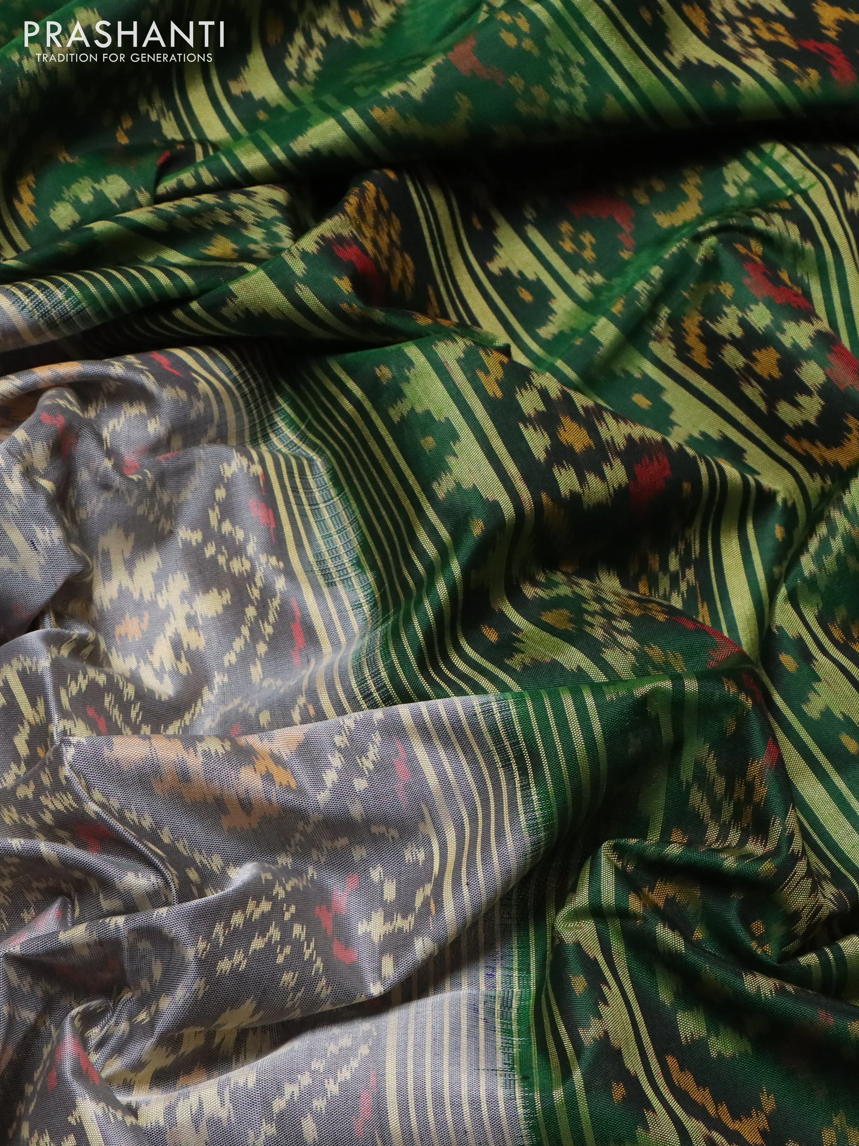 Rajkot patola silk saree grey and green with allover ikat weaves and ikat woven zari border - Image 3