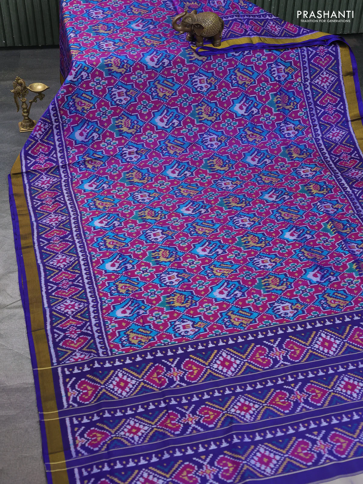 Rajkot patola silk saree maroon and blue with allover patola weaves and ikat woven zari border - Image 2