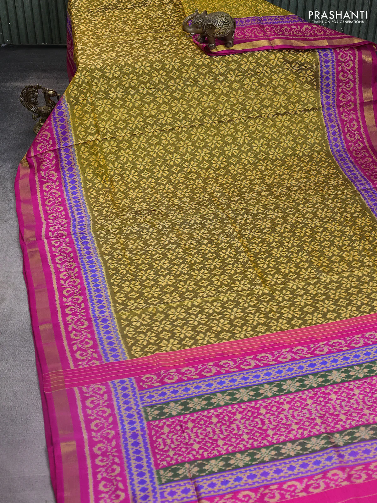 Rajkot patola silk saree mehendi green and pink with allover ikat weaves and ikat woven zari border - Image 2